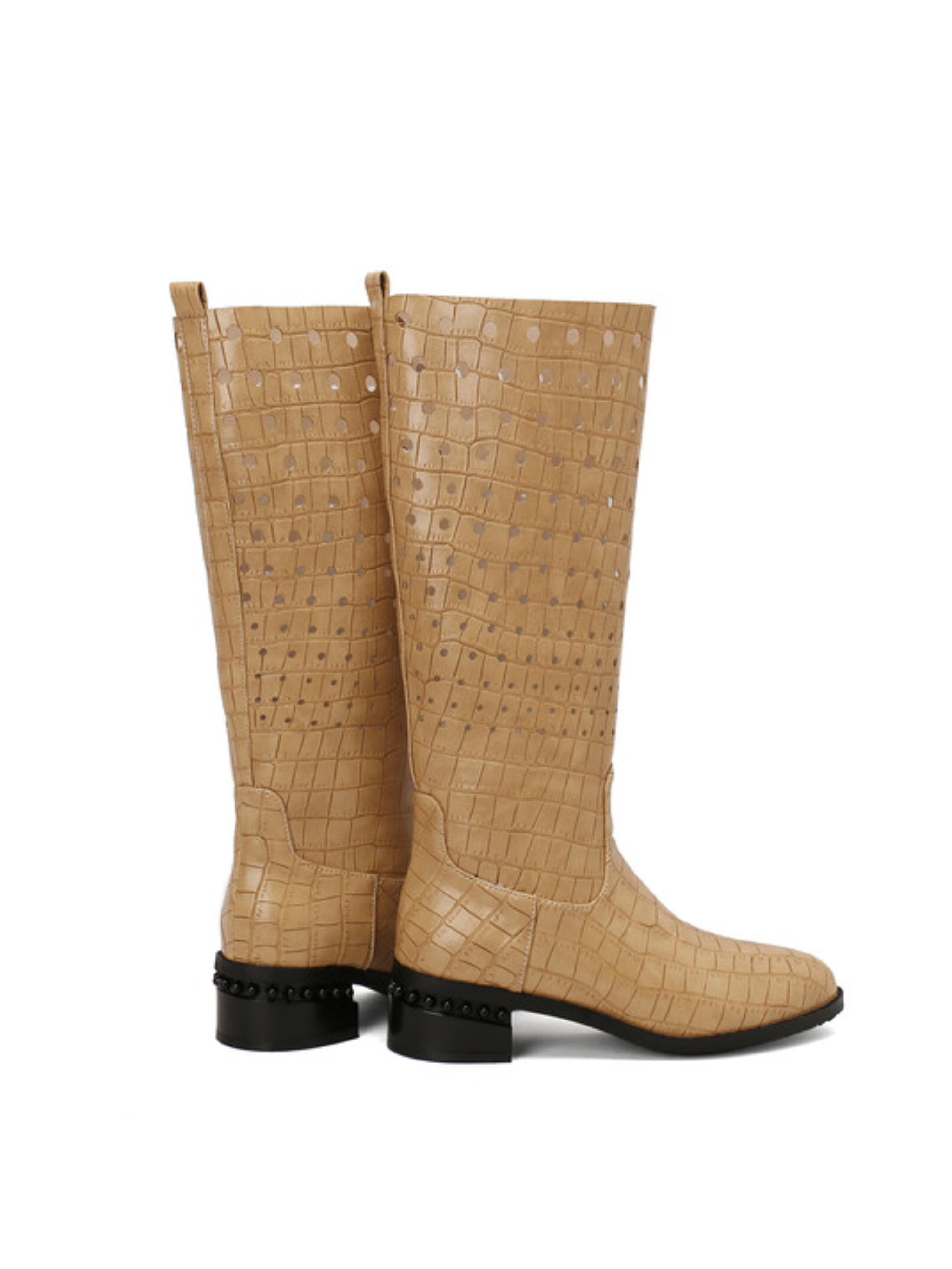 Beige Low Heel Hollow-Out Embossed Long Boots
