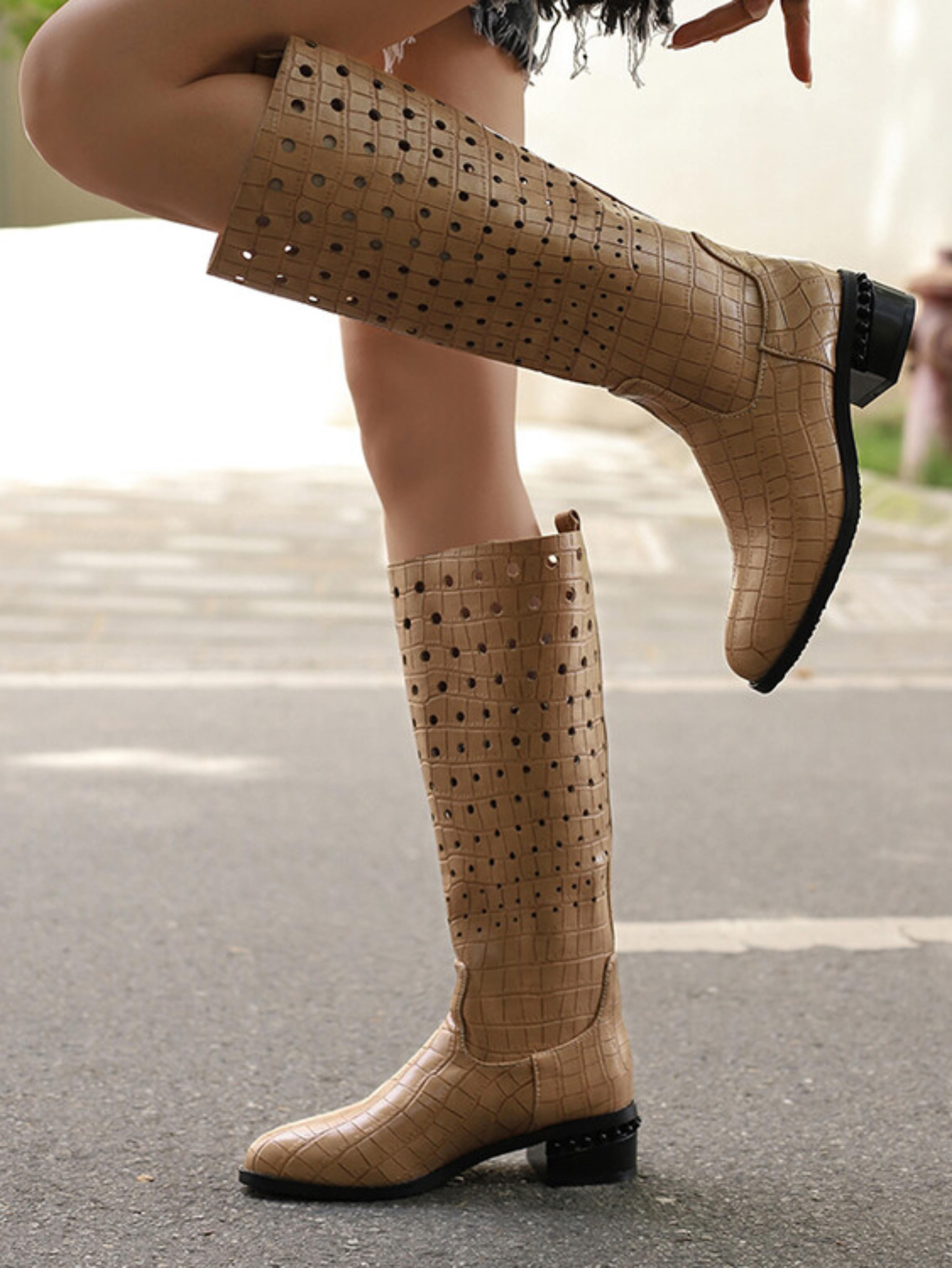 Beige Low Heel Hollow-Out Embossed Long Boots