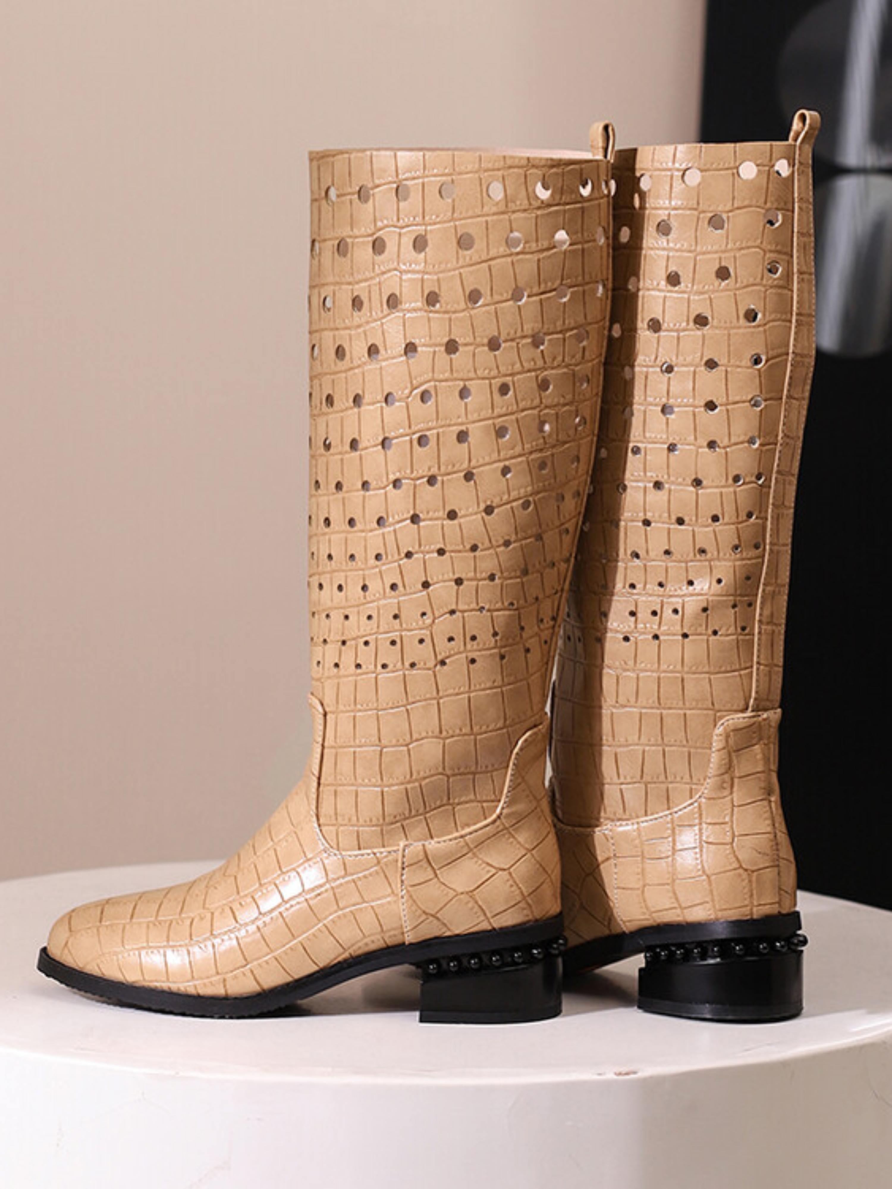 Beige Low Heel Hollow-Out Embossed Long Boots