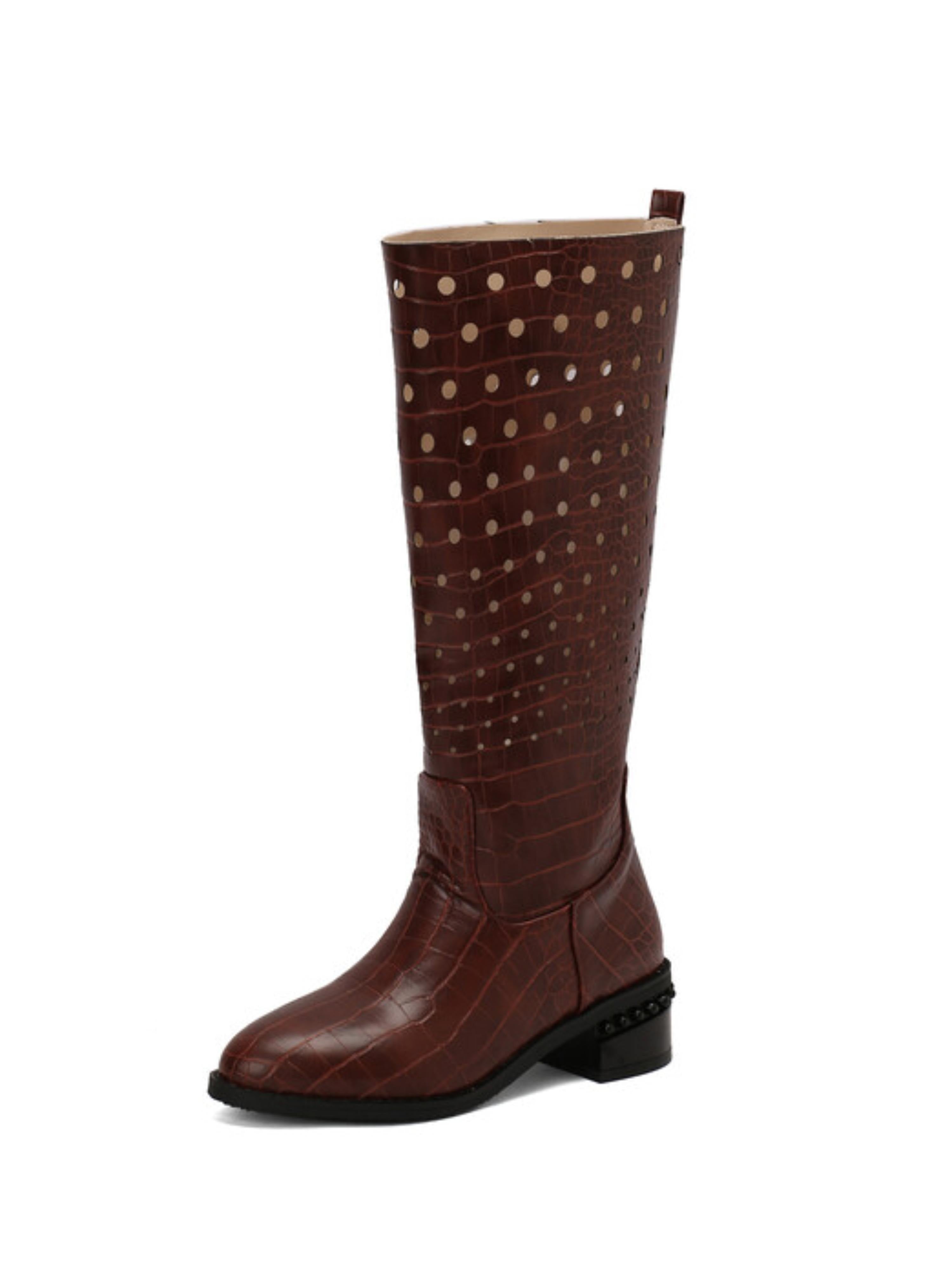 Brown Croc-Embossed Hollow-Out Knee-High Boots