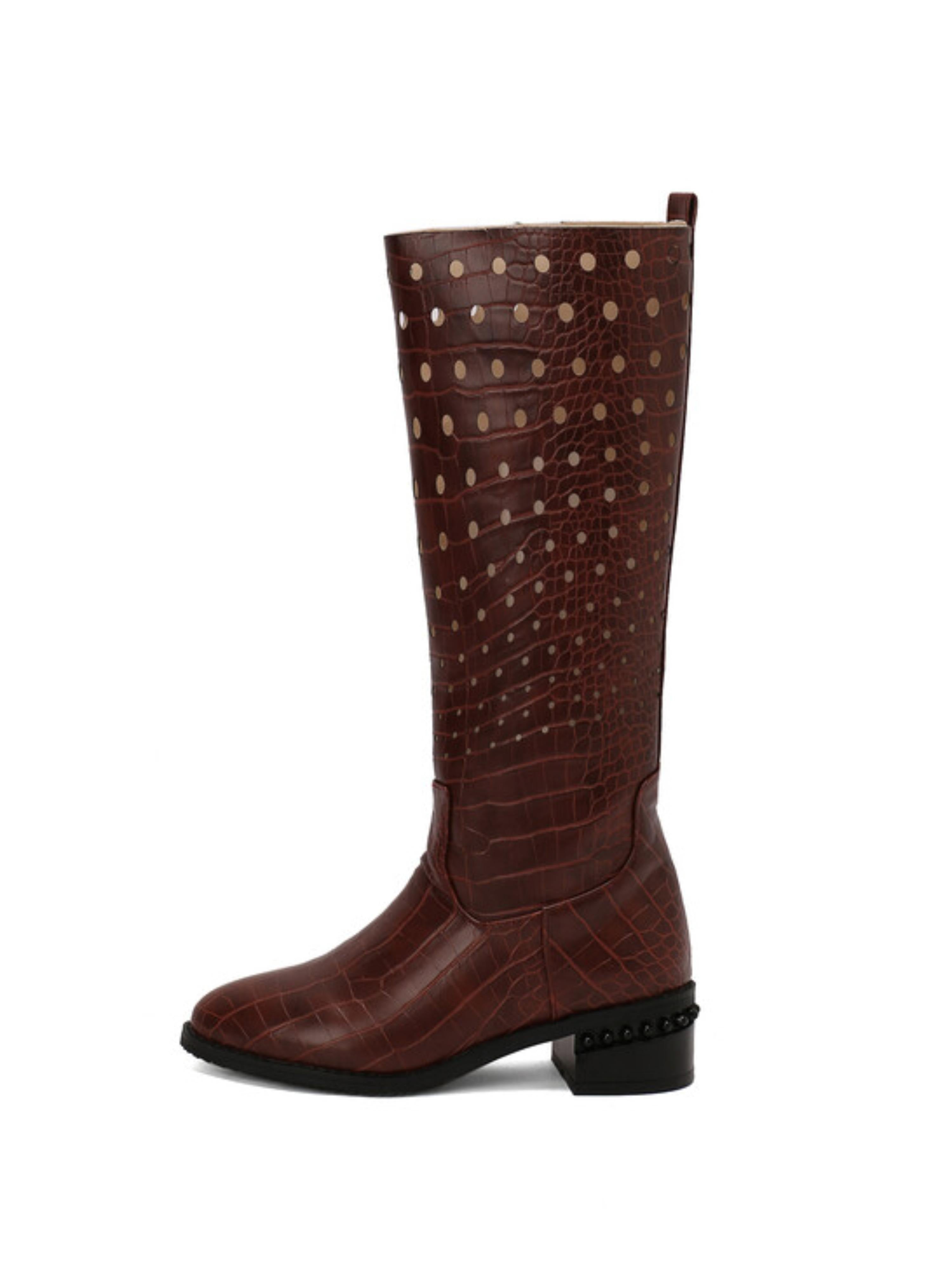 Brown Croc-Embossed Hollow-Out Knee-High Boots