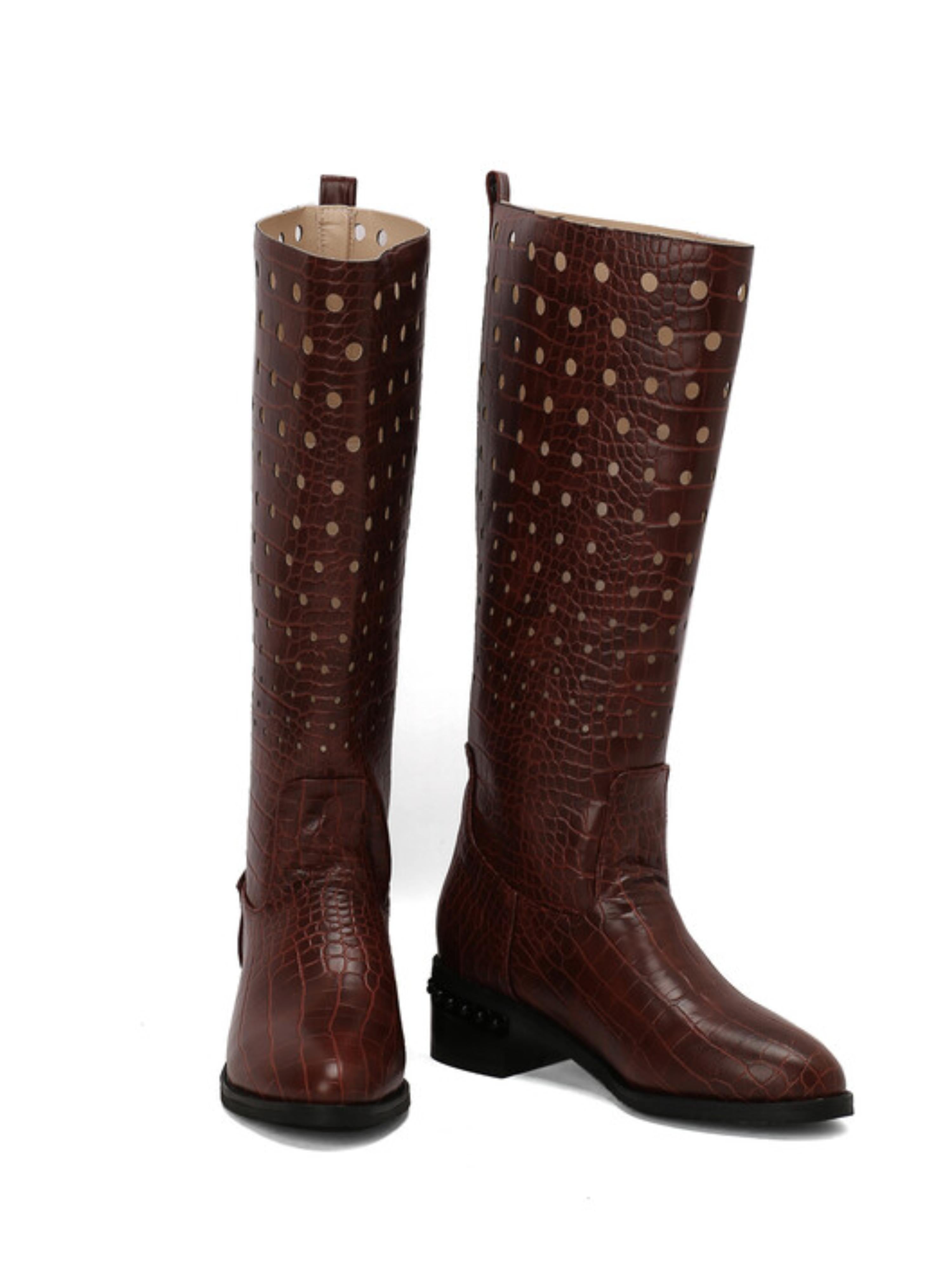 Brown Croc-Embossed Hollow-Out Knee-High Boots