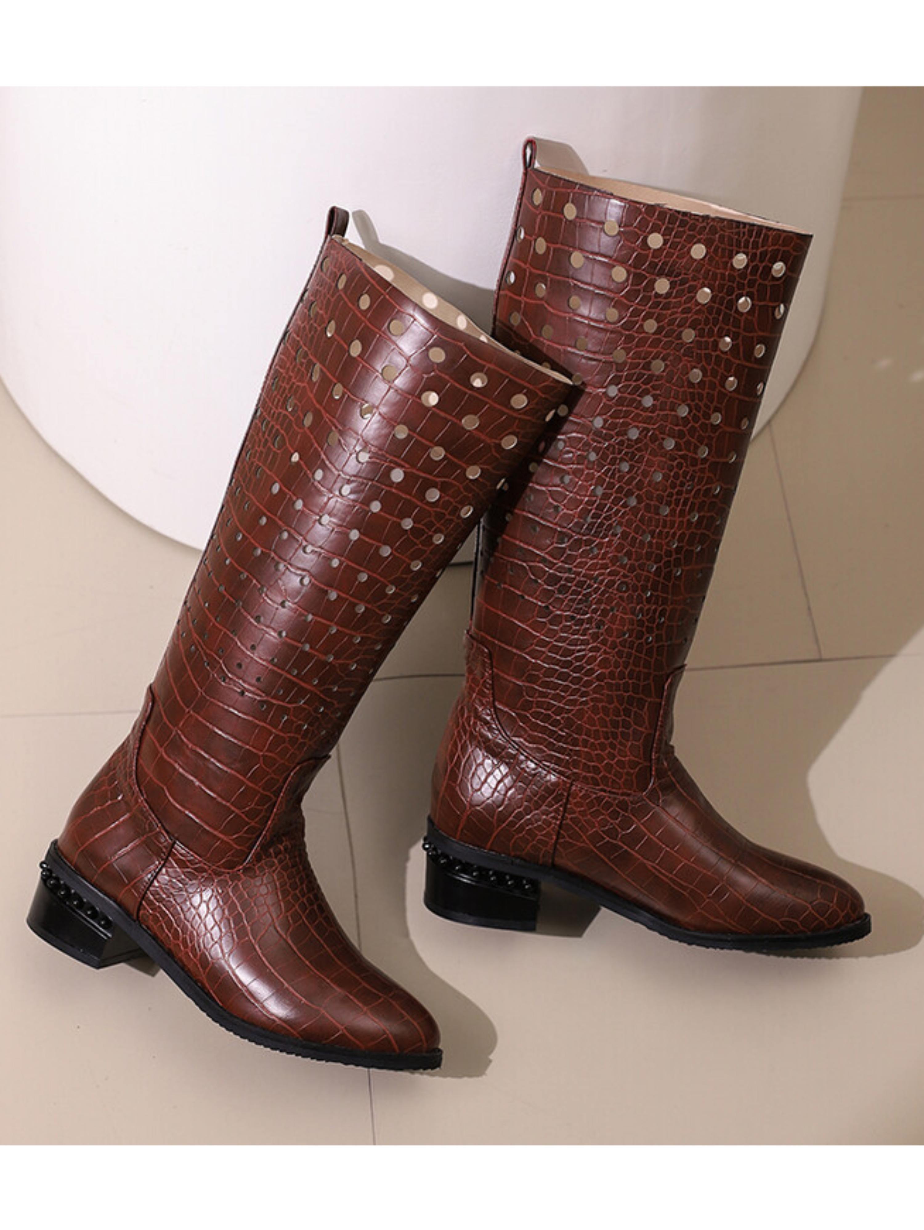 Brown Croc-Embossed Hollow-Out Knee-High Boots