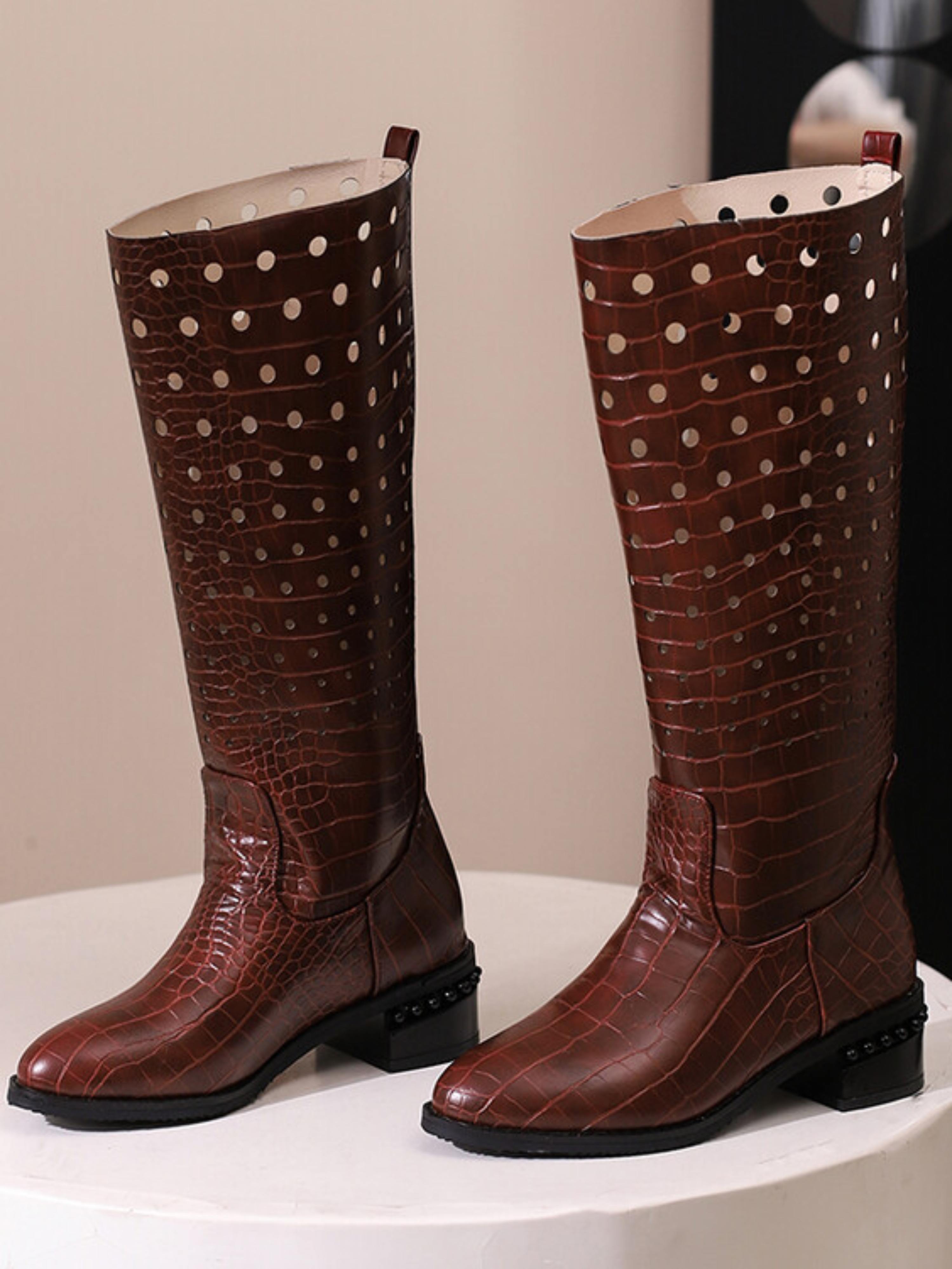 Brown Croc-Embossed Hollow-Out Knee-High Boots