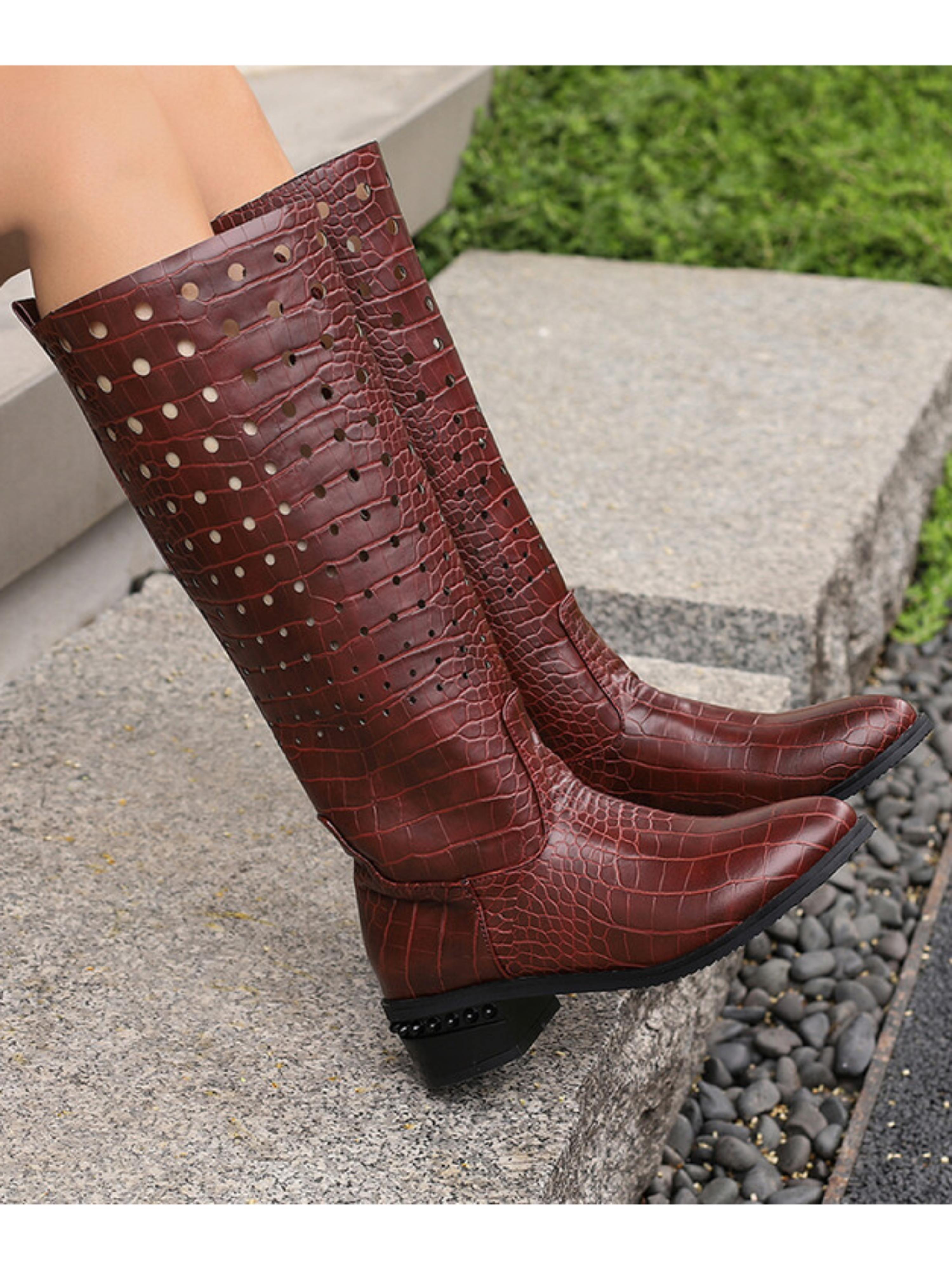 Brown Croc-Embossed Hollow-Out Knee-High Boots