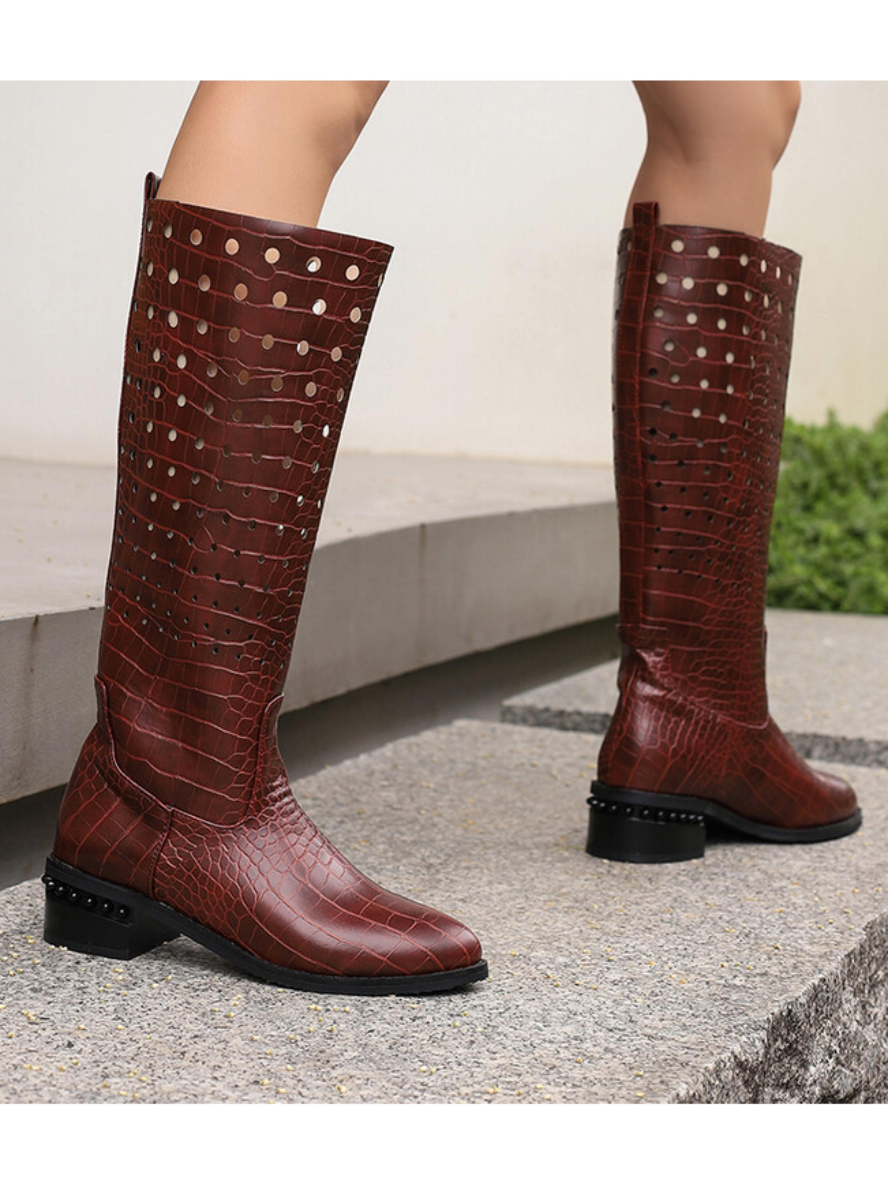 Brown Croc-Embossed Hollow-Out Knee-High Boots