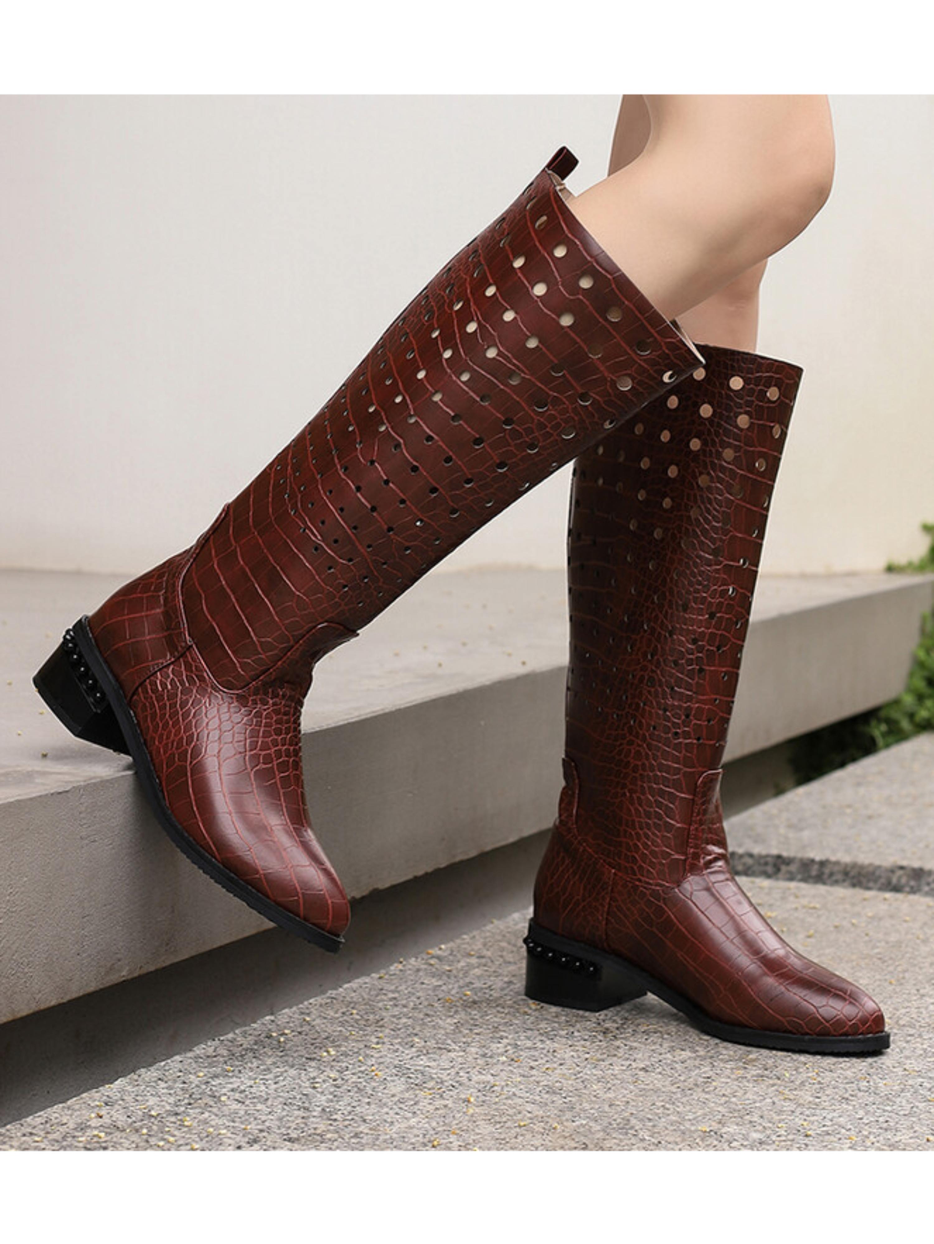 Brown Croc-Embossed Hollow-Out Knee-High Boots