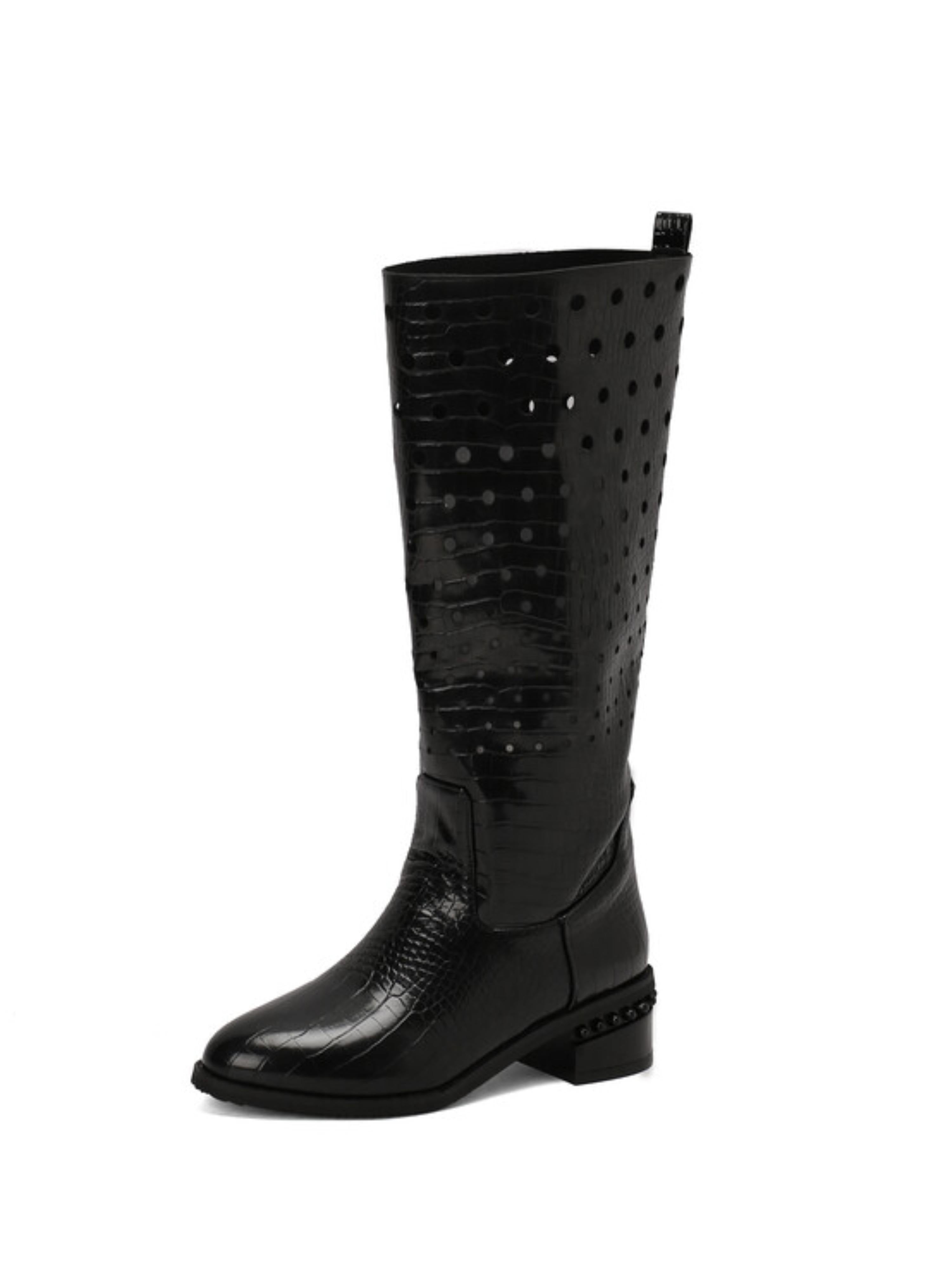 Sleek Hollow-Out Embossed Black Knee-High Boots