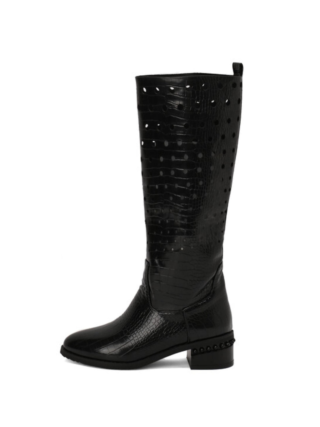 Sleek Hollow-Out Embossed Black Knee-High Boots