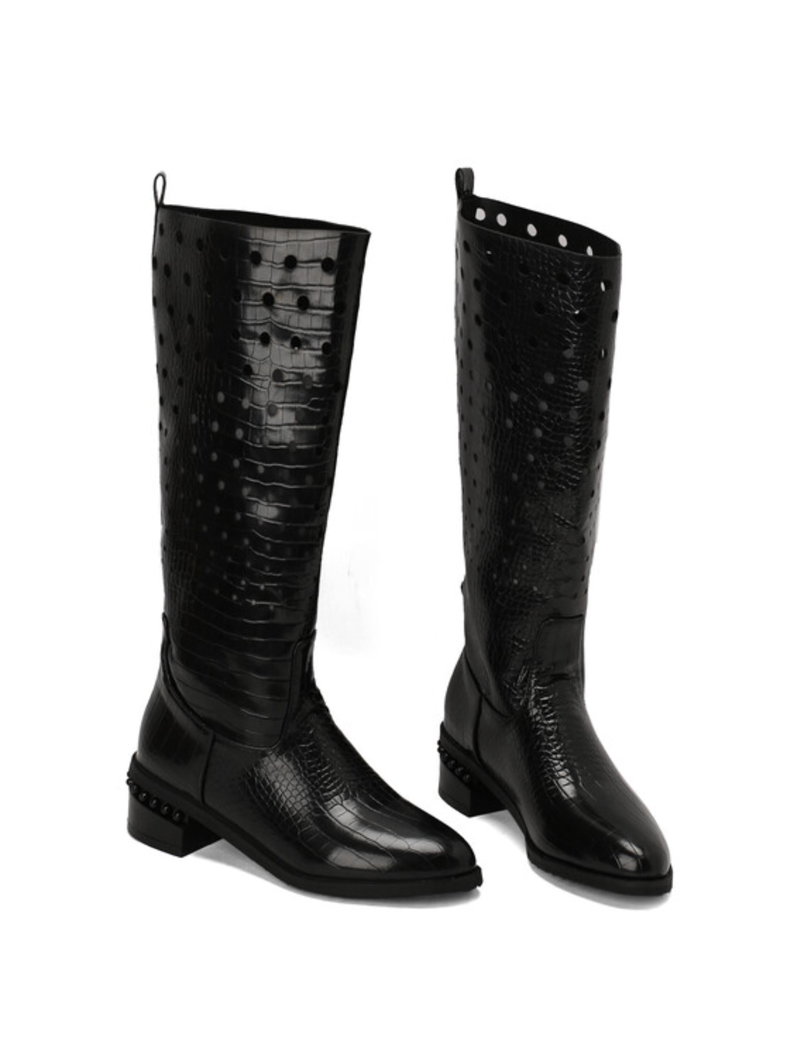 Sleek Hollow-Out Embossed Black Knee-High Boots