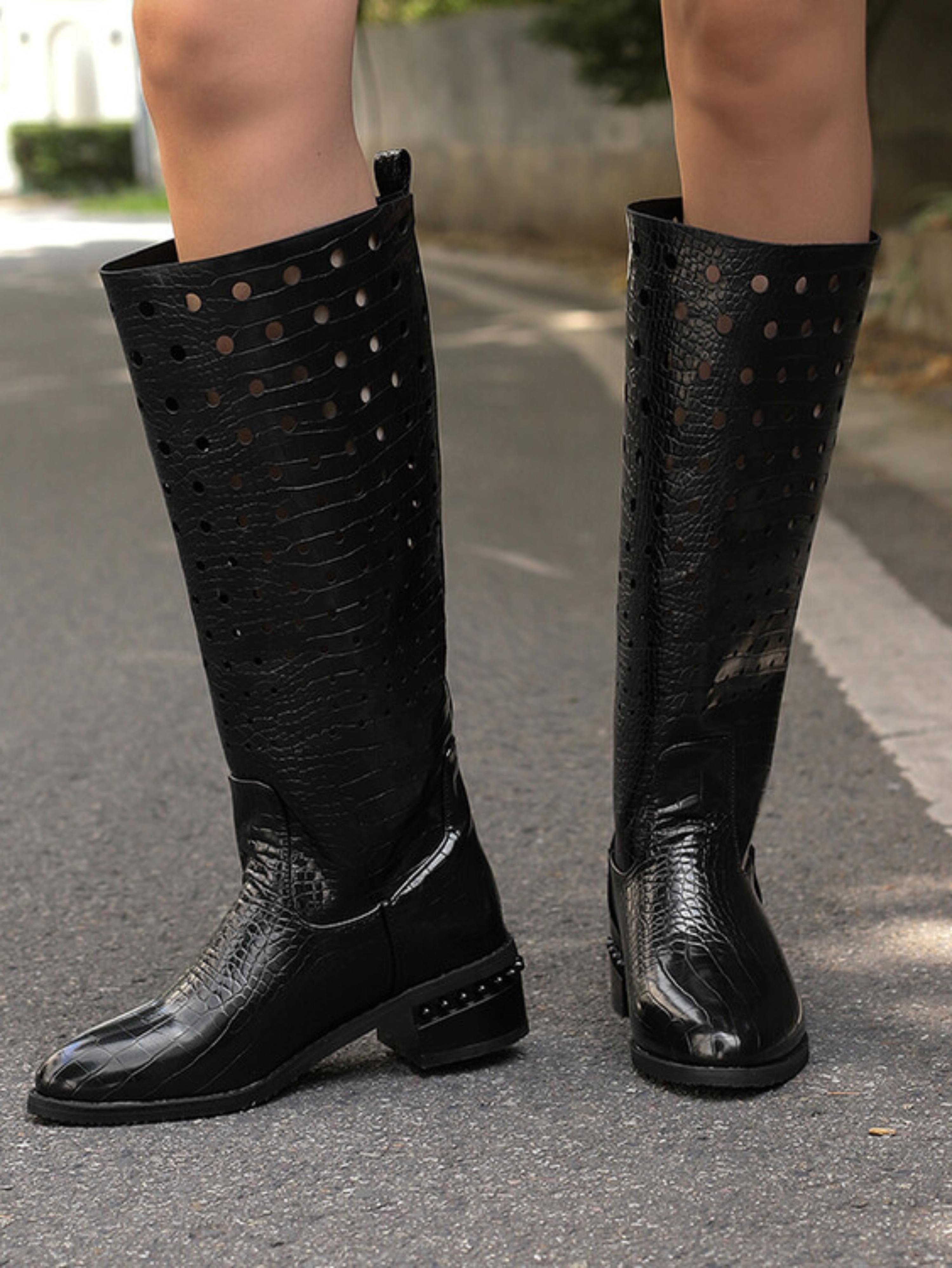 Sleek Hollow-Out Embossed Black Knee-High Boots