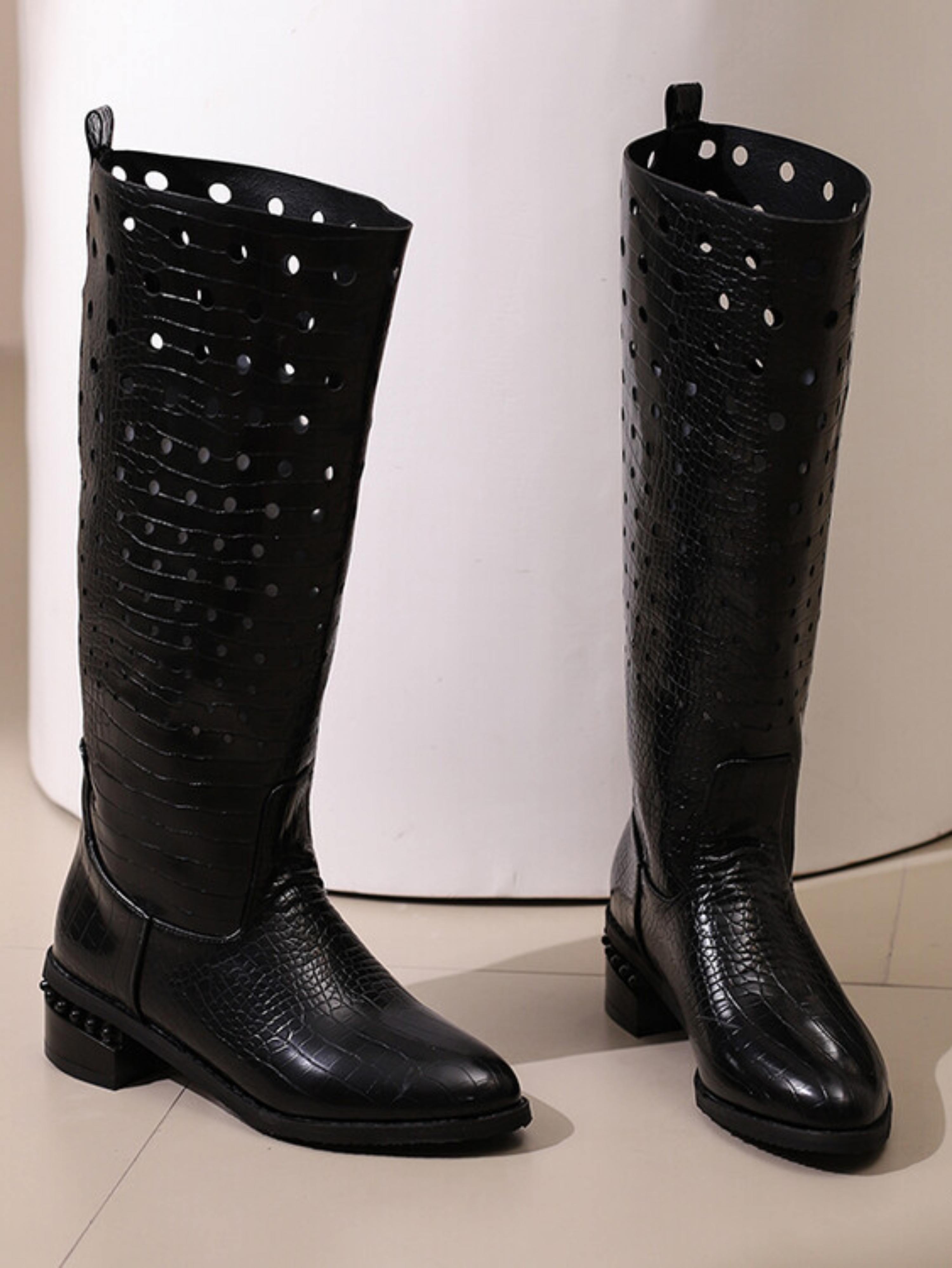 Sleek Hollow-Out Embossed Black Knee-High Boots