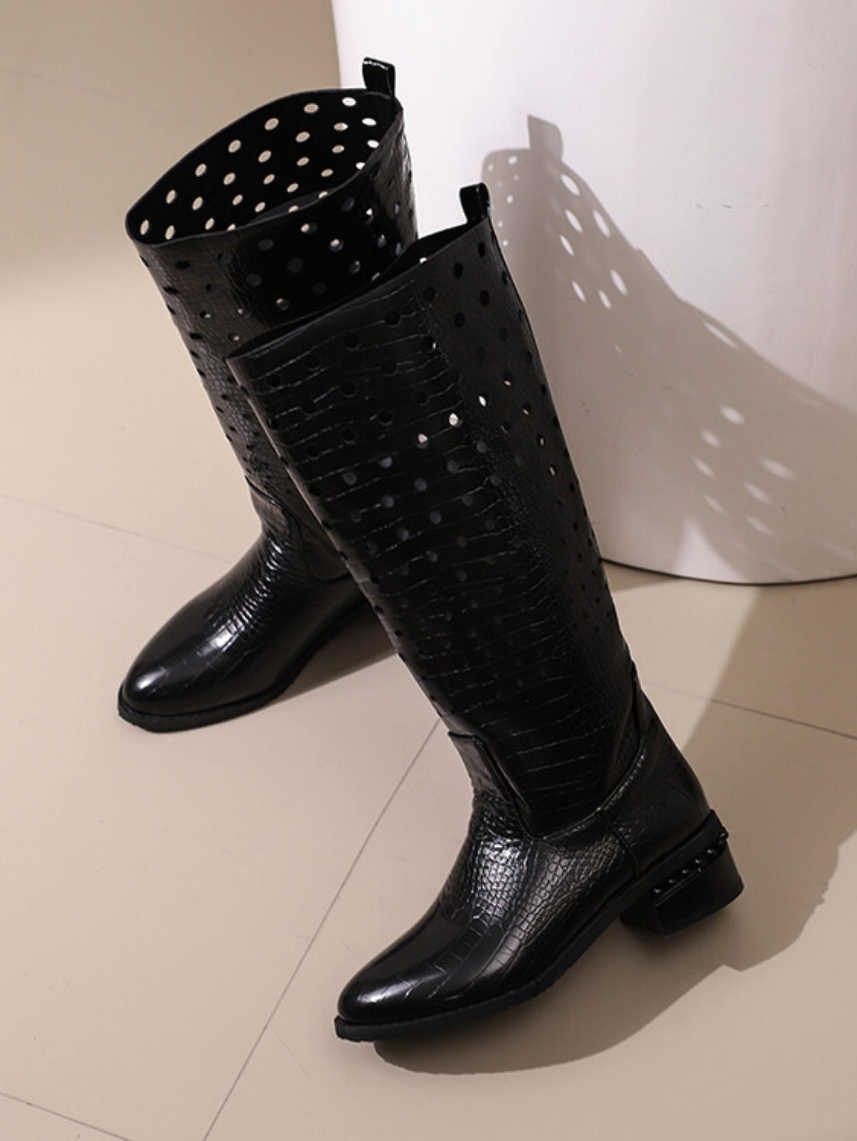 Sleek Hollow-Out Embossed Black Knee-High Boots