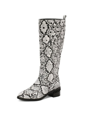 Black and White Python Print Knee-High Boots with Low Heels