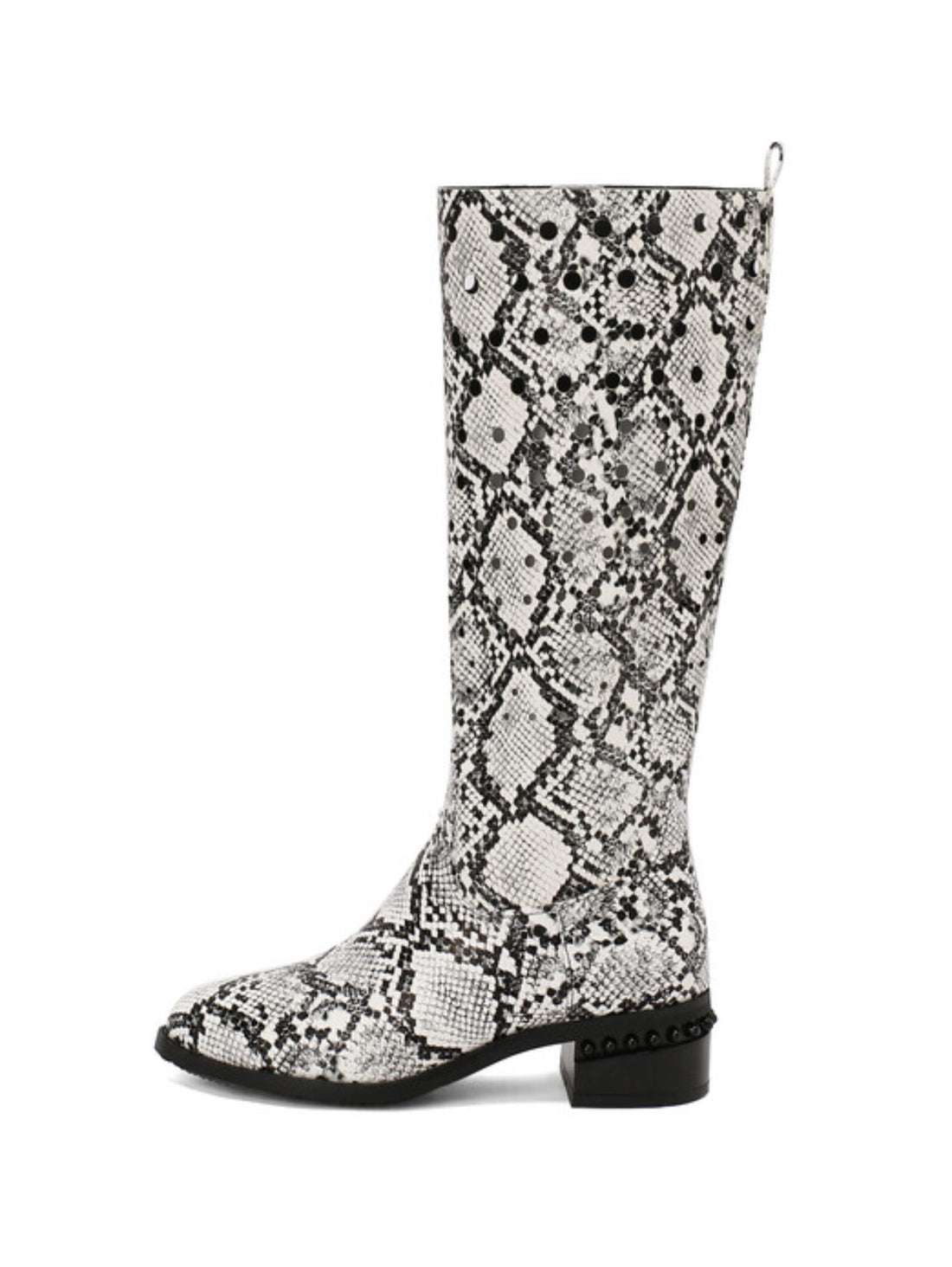 Black and White Python Print Knee-High Boots with Low Heels