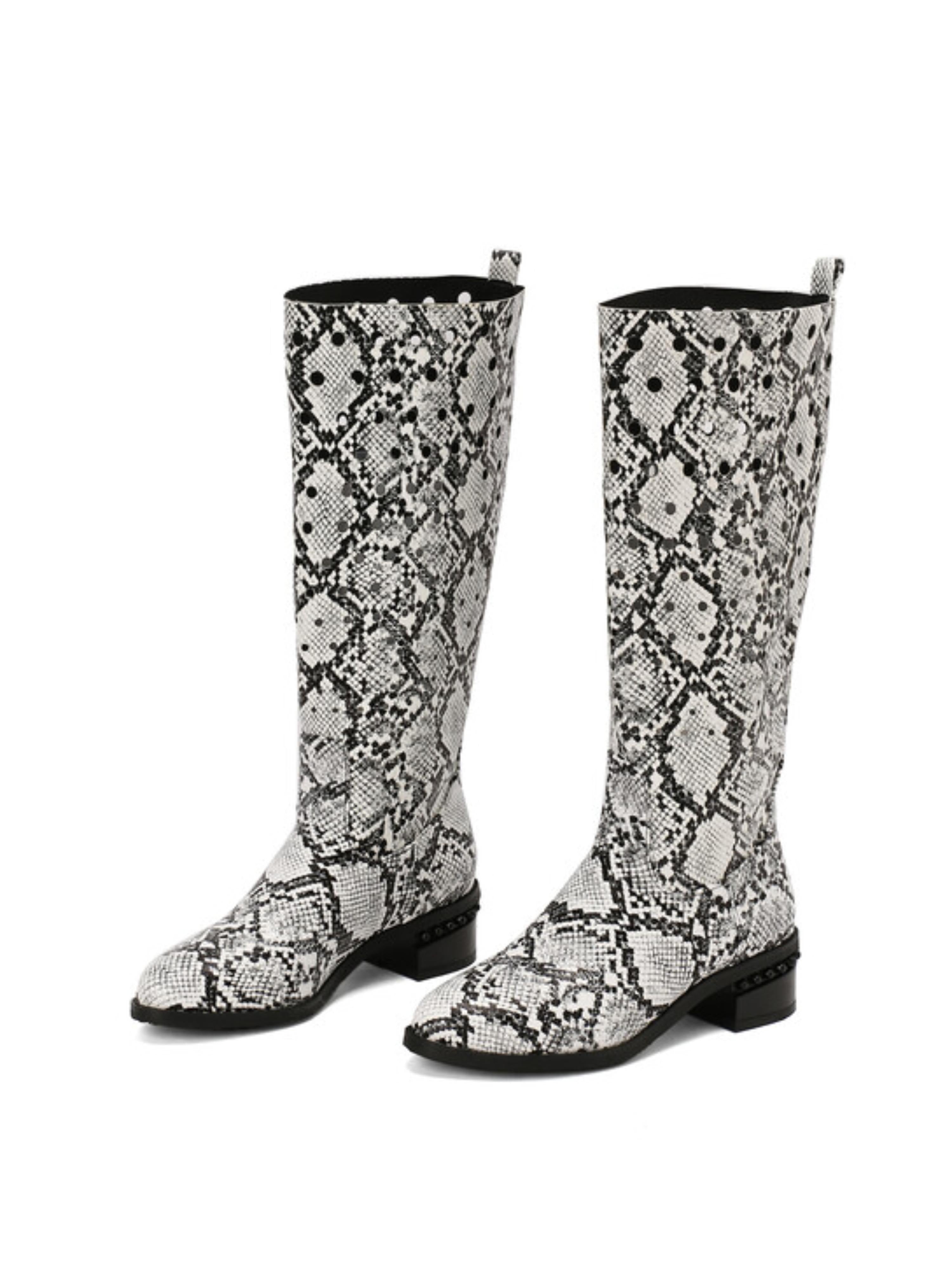 Black and White Python Print Knee-High Boots with Low Heels