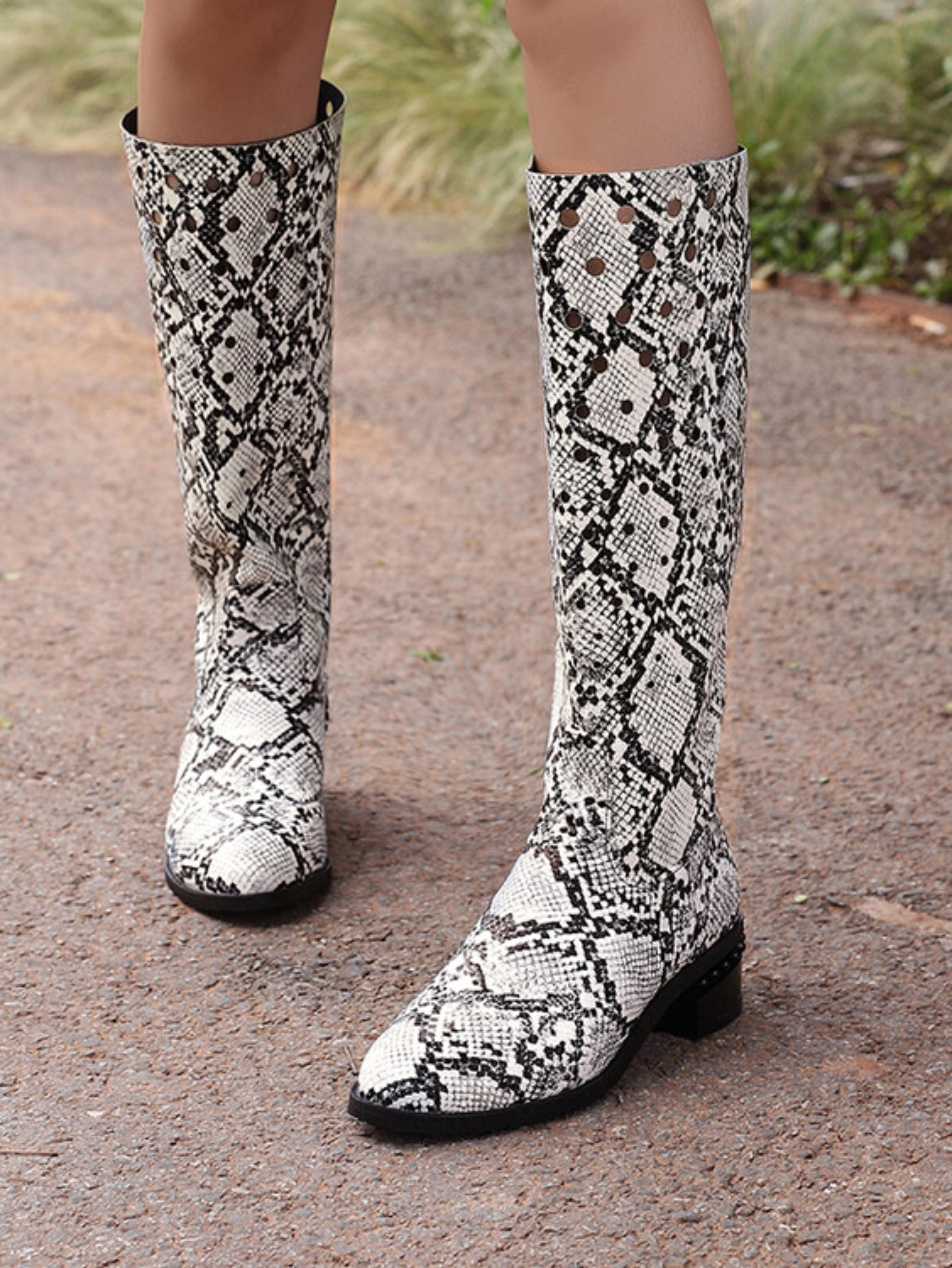Black and White Python Print Knee-High Boots with Low Heels