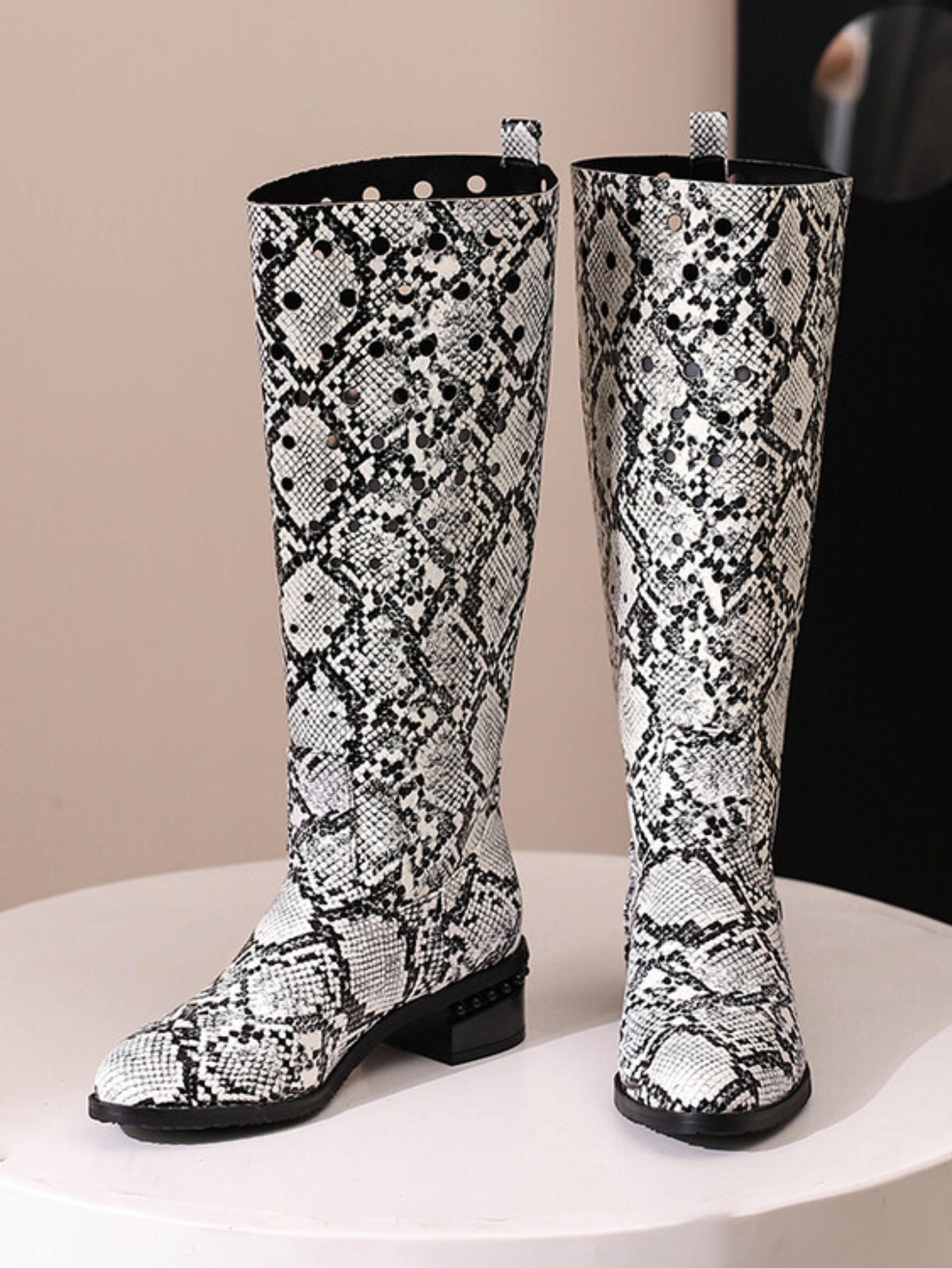 Black and White Python Print Knee-High Boots with Low Heels