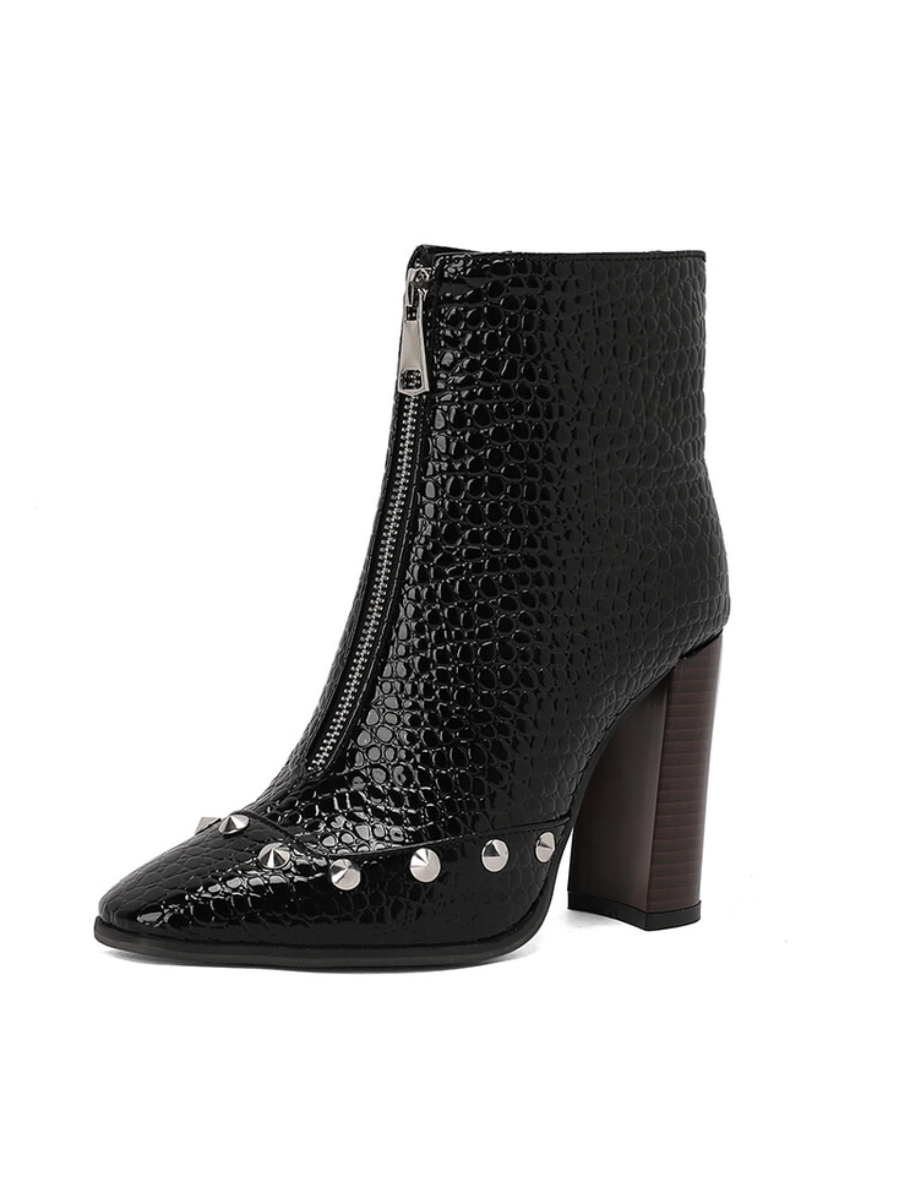Classic Black Embossed High-Heel Studded Ankle Boots for Women