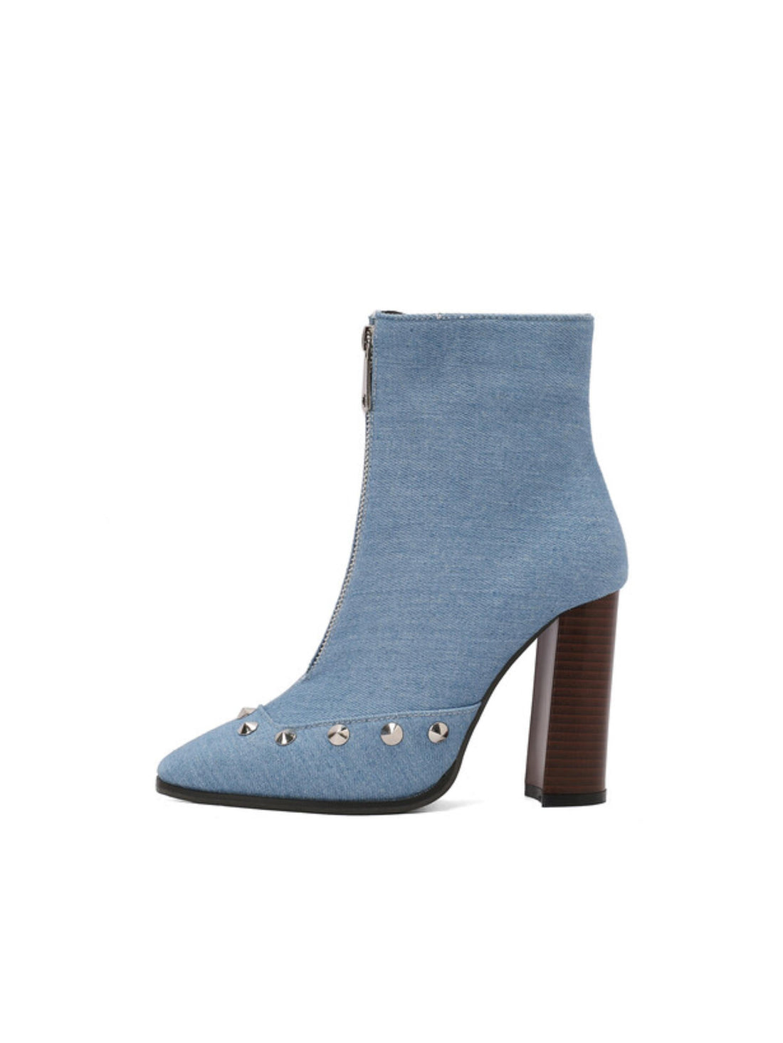 Denim Blue High-Heel Studded Short Booties with Front Zipper
