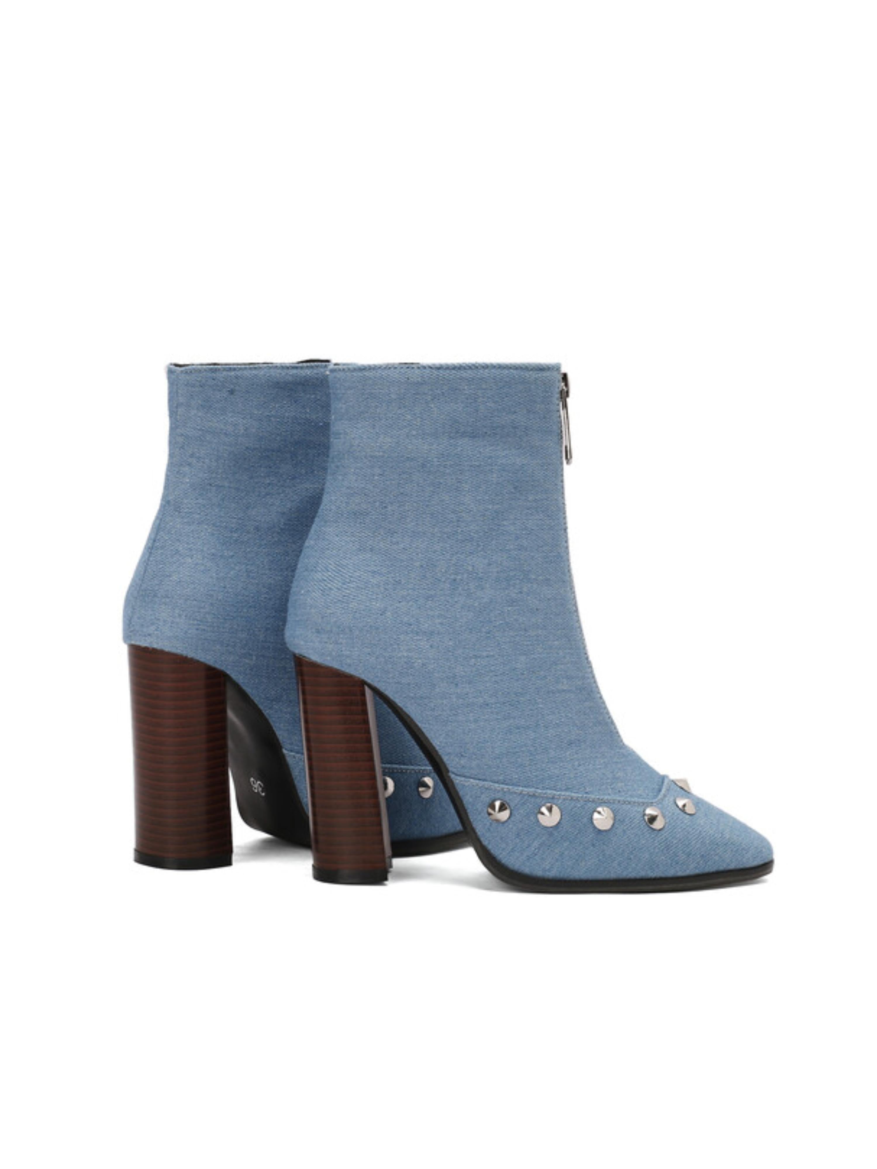 Denim Blue High-Heel Studded Short Booties with Front Zipper
