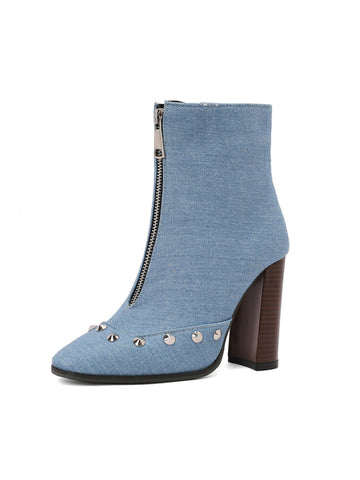 Denim Blue High-Heel Studded Short Booties with Front Zipper