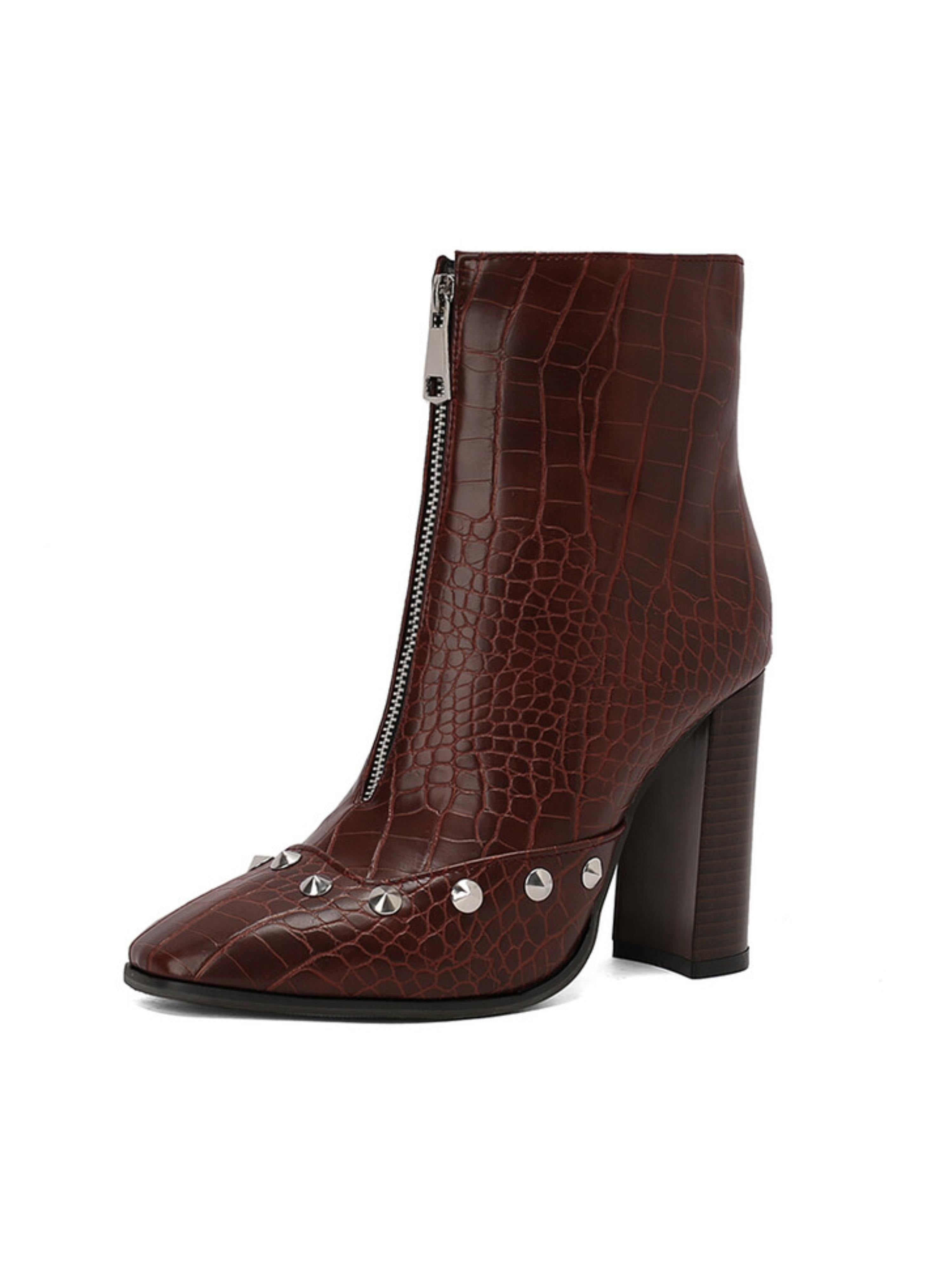 Dark Brown Studded Croc-Embossed High-Heel Ankle Boots