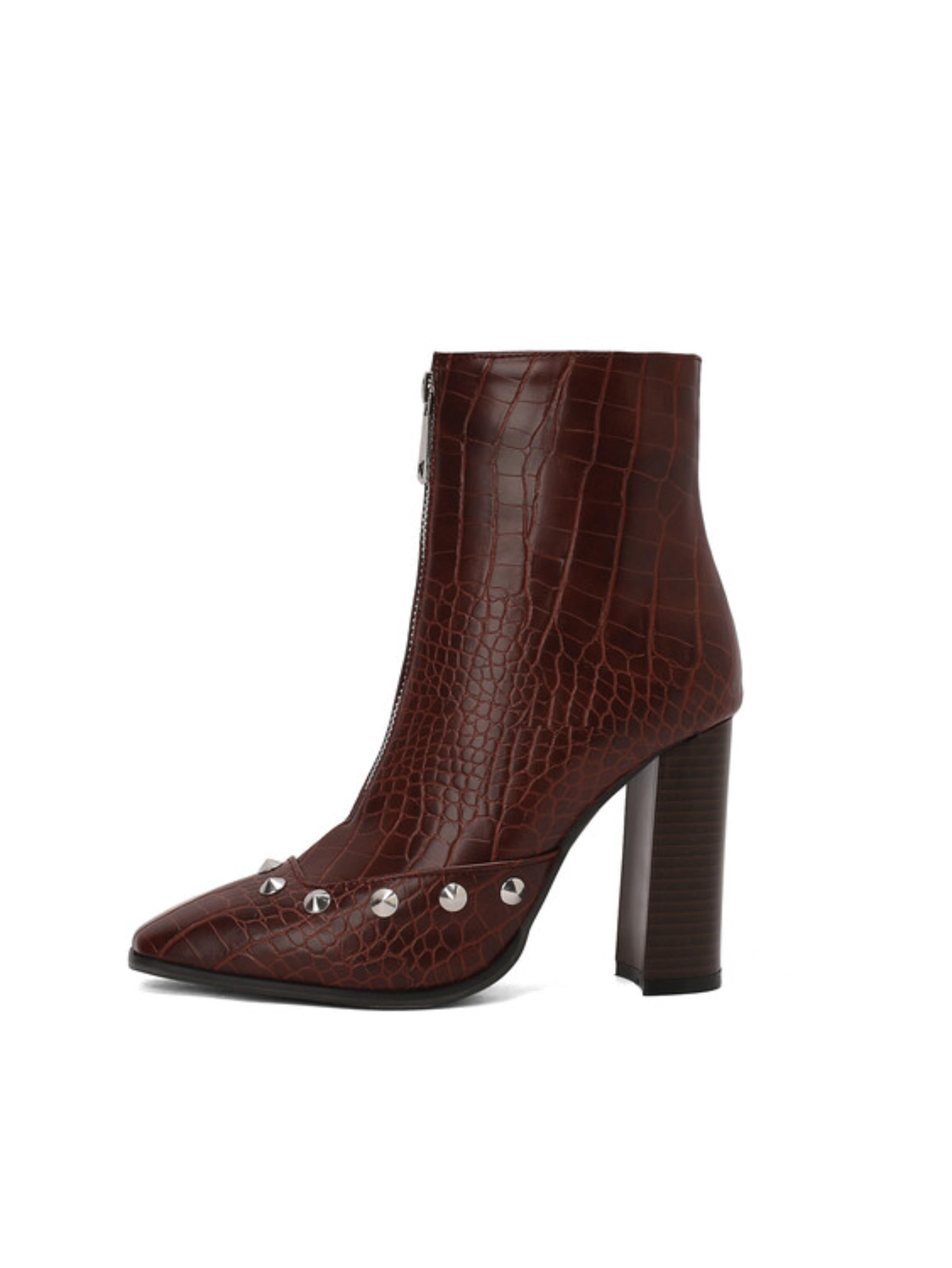 Dark Brown Studded Croc-Embossed High-Heel Ankle Boots