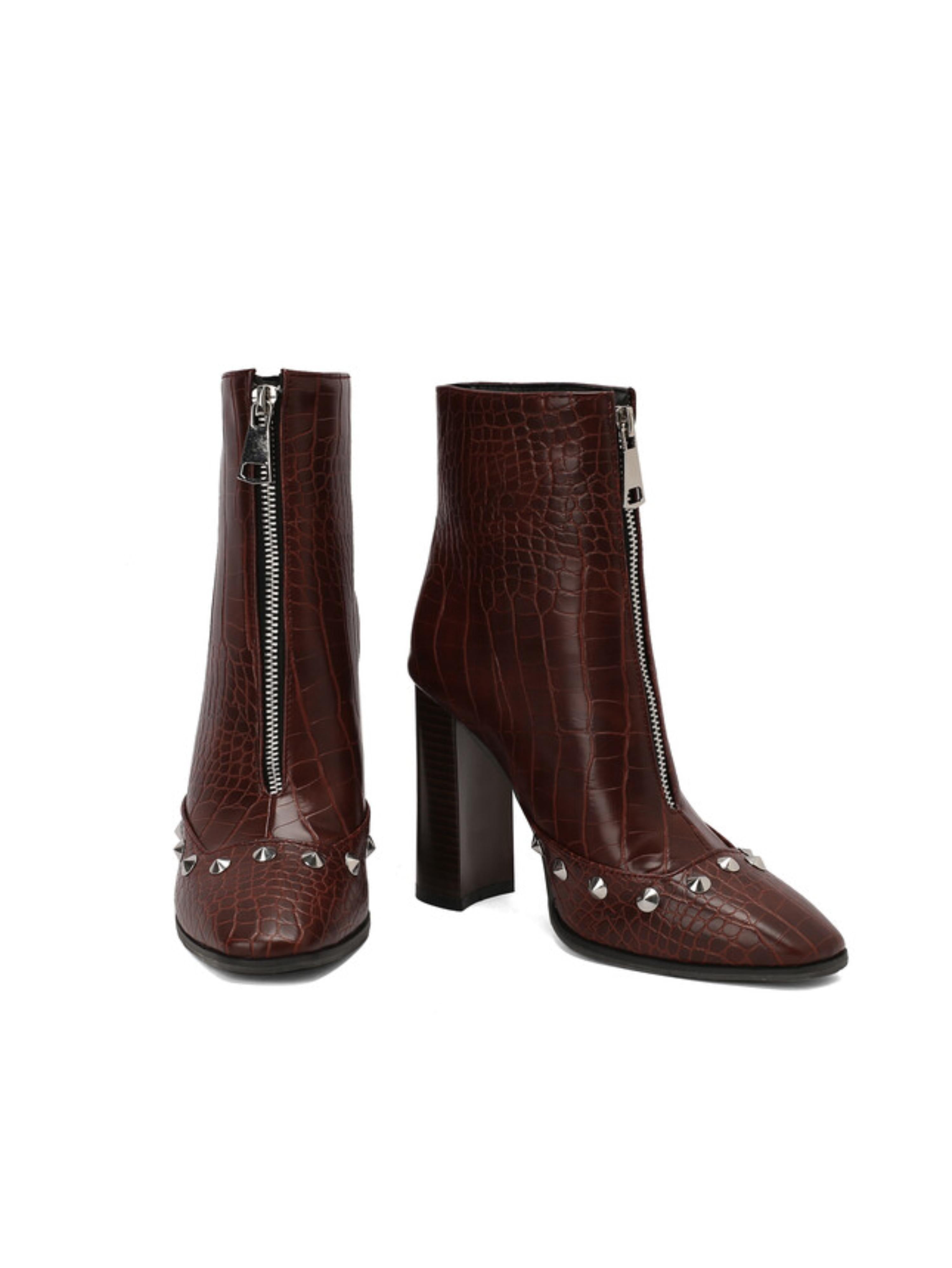 Dark Brown Studded Croc-Embossed High-Heel Ankle Boots