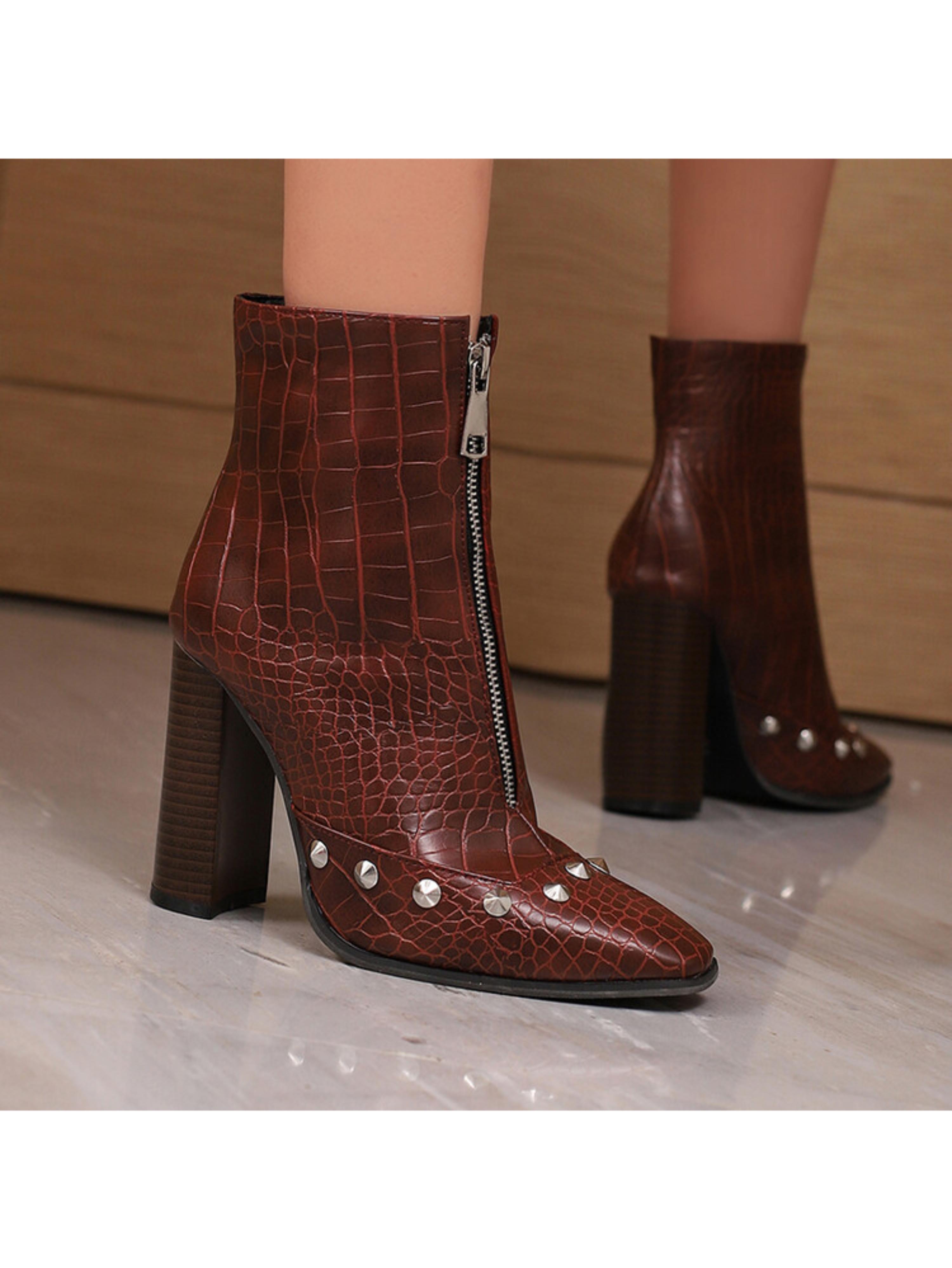 Dark Brown Studded Croc-Embossed High-Heel Ankle Boots