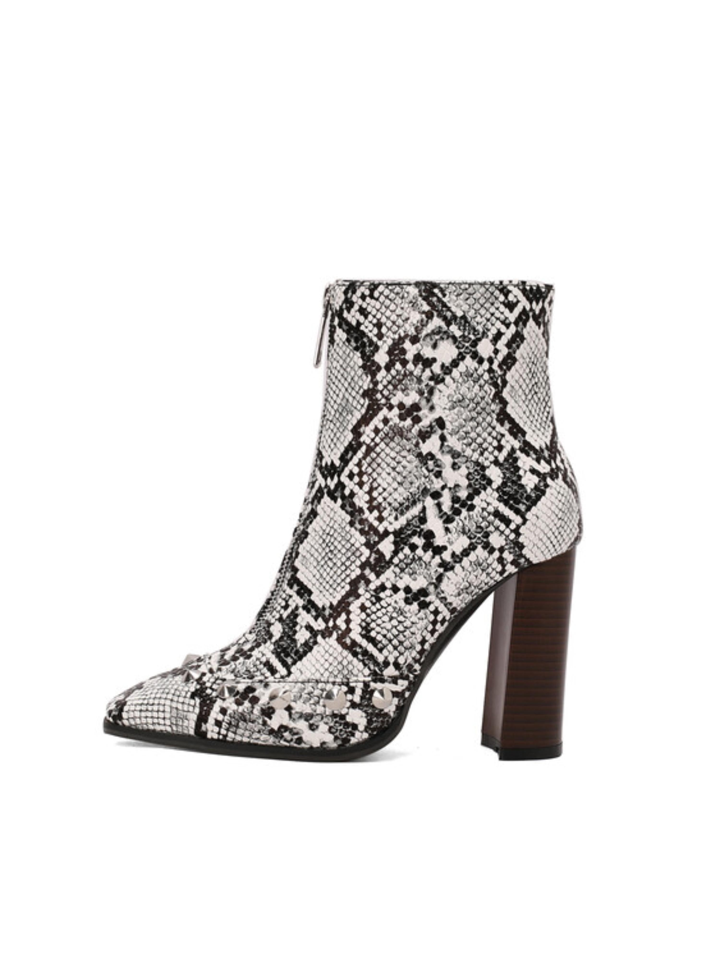 Black and White Snake Print High-Heel Studded Ankle Boots