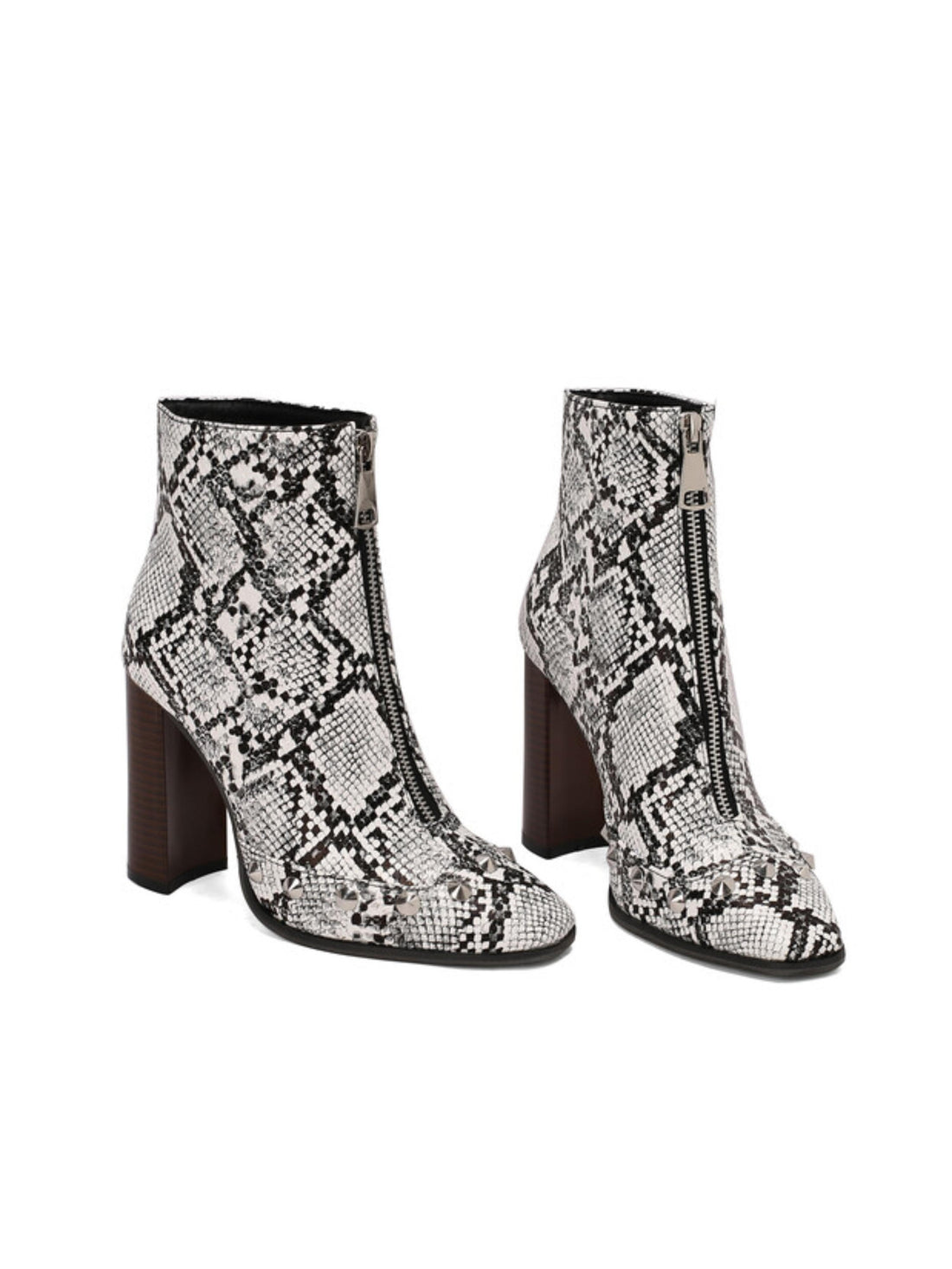 Black and White Snake Print High-Heel Studded Ankle Boots