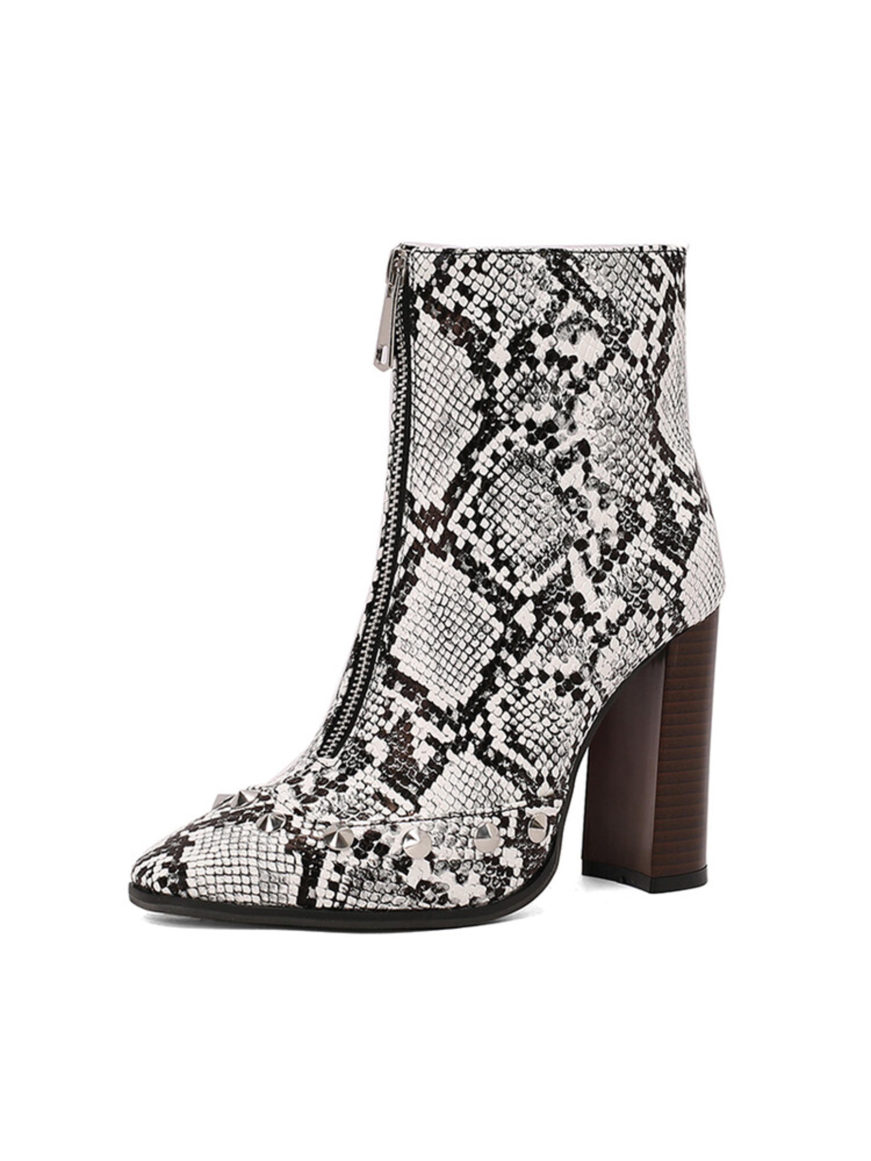 Black and White Snake Print High-Heel Studded Ankle Boots