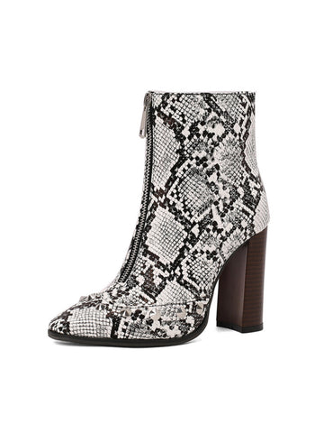 Black and White Snake Print High-Heel Studded Ankle Boots