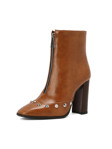 Brown Chunky High-Heel Studded Short Boots for Women