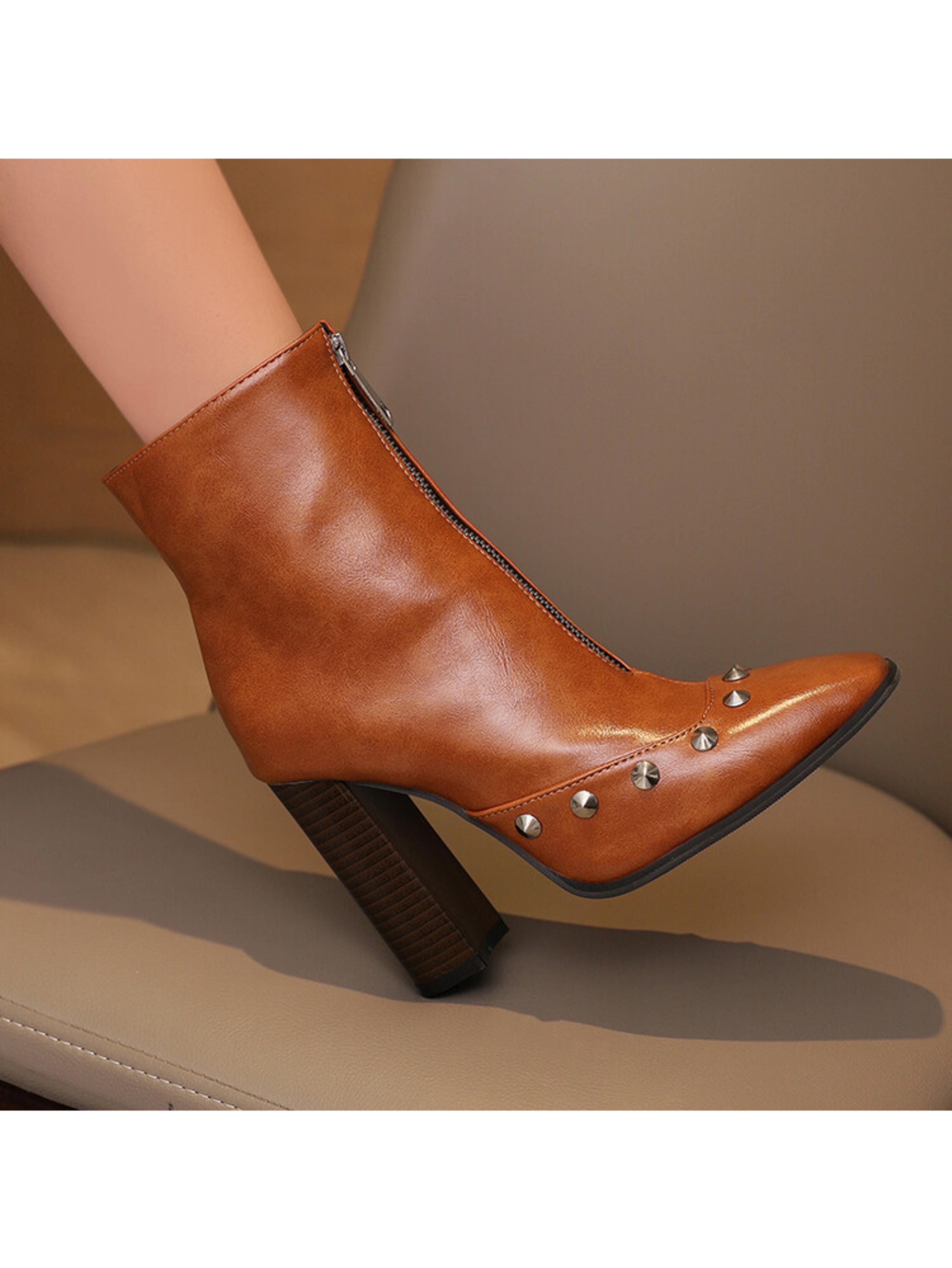 Brown Chunky High-Heel Studded Short Boots for Women