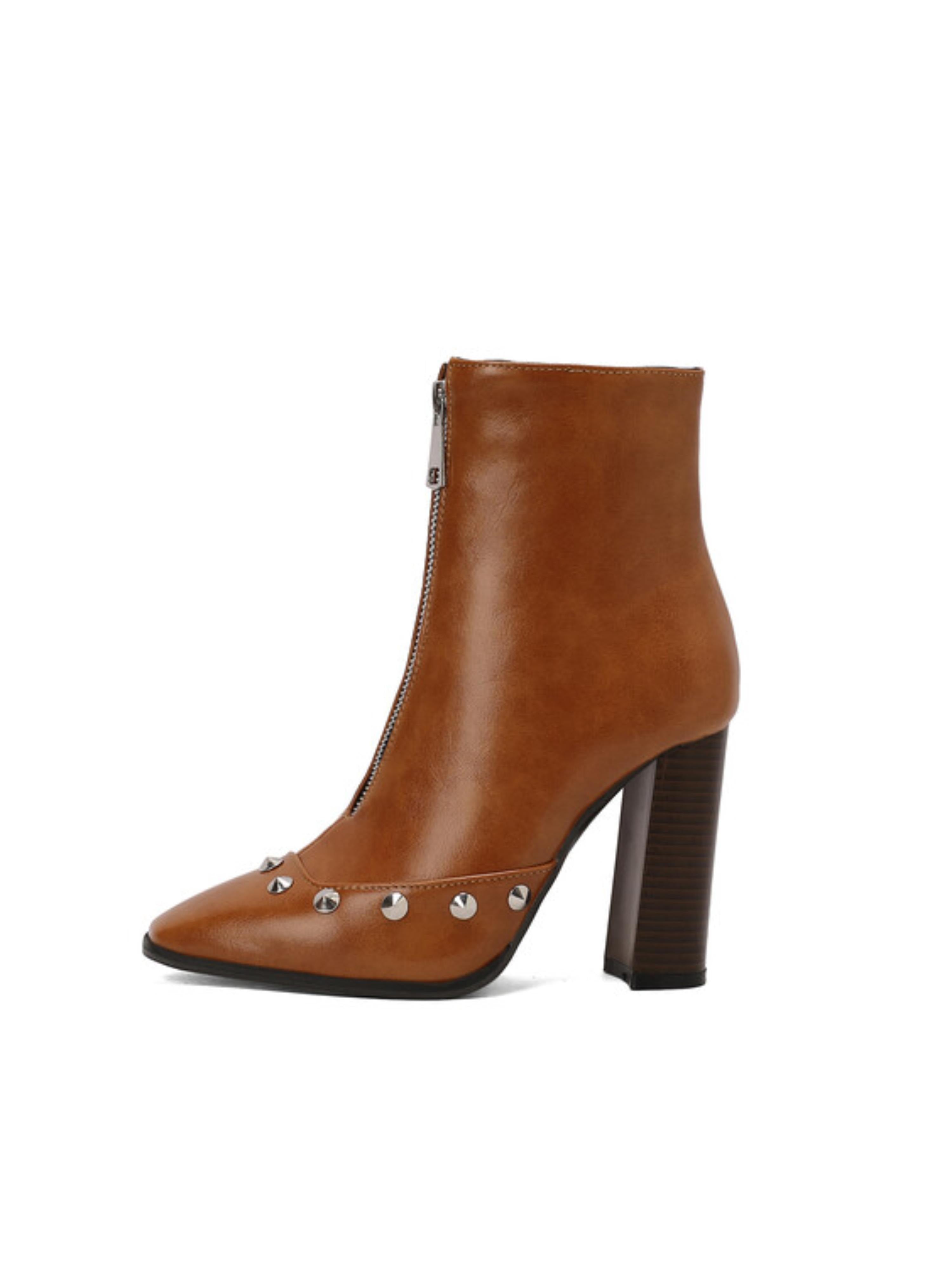 Brown Chunky High-Heel Studded Short Boots for Women