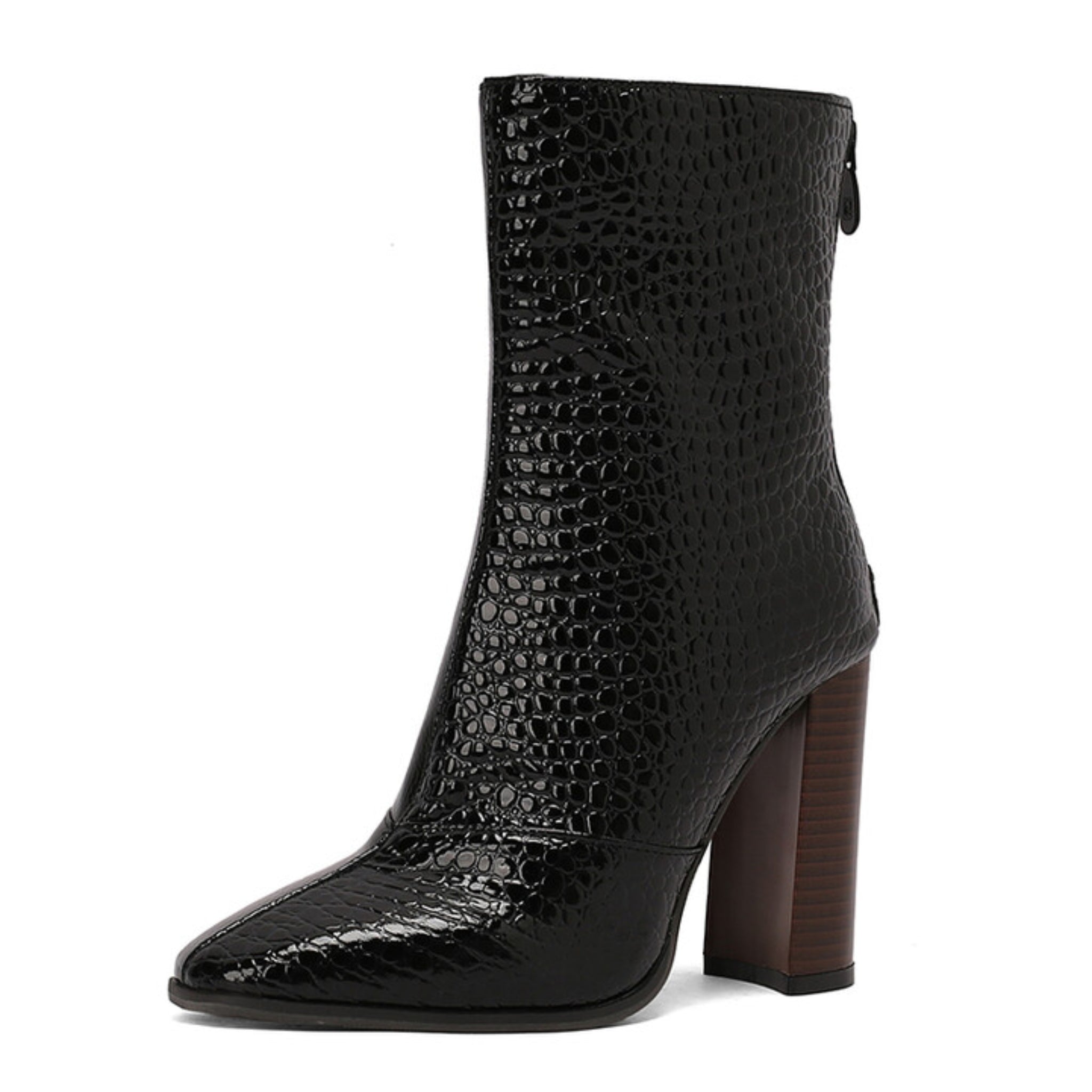 Black Croc-Embossed Heeled Ankle Boots with Zipper
