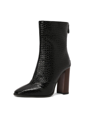 Black Croc-Embossed Heeled Ankle Boots with Zipper