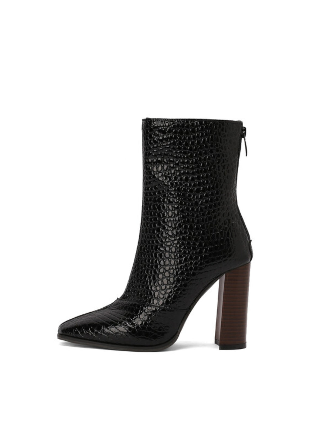 Black Croc-Embossed Heeled Ankle Boots with Zipper
