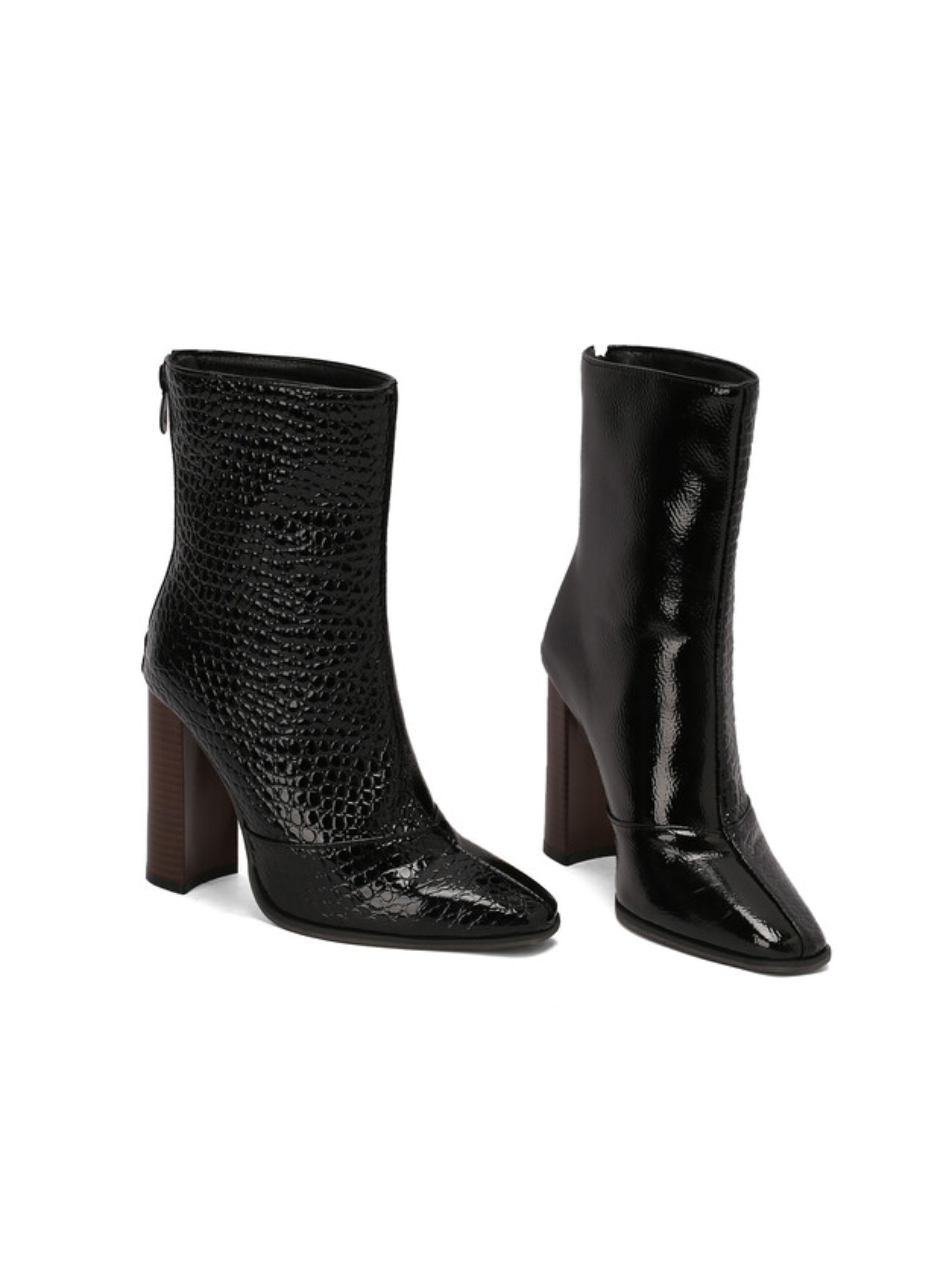 Black Croc-Embossed Heeled Ankle Boots with Zipper