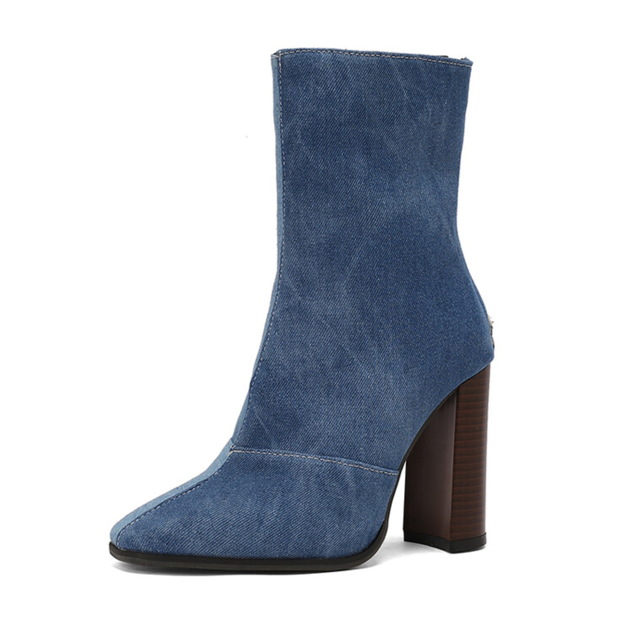 Denim Blue Chunky High Heeled Ankle Boots Women