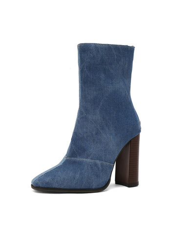 Denim Blue Chunky High Heeled Ankle Boots Women