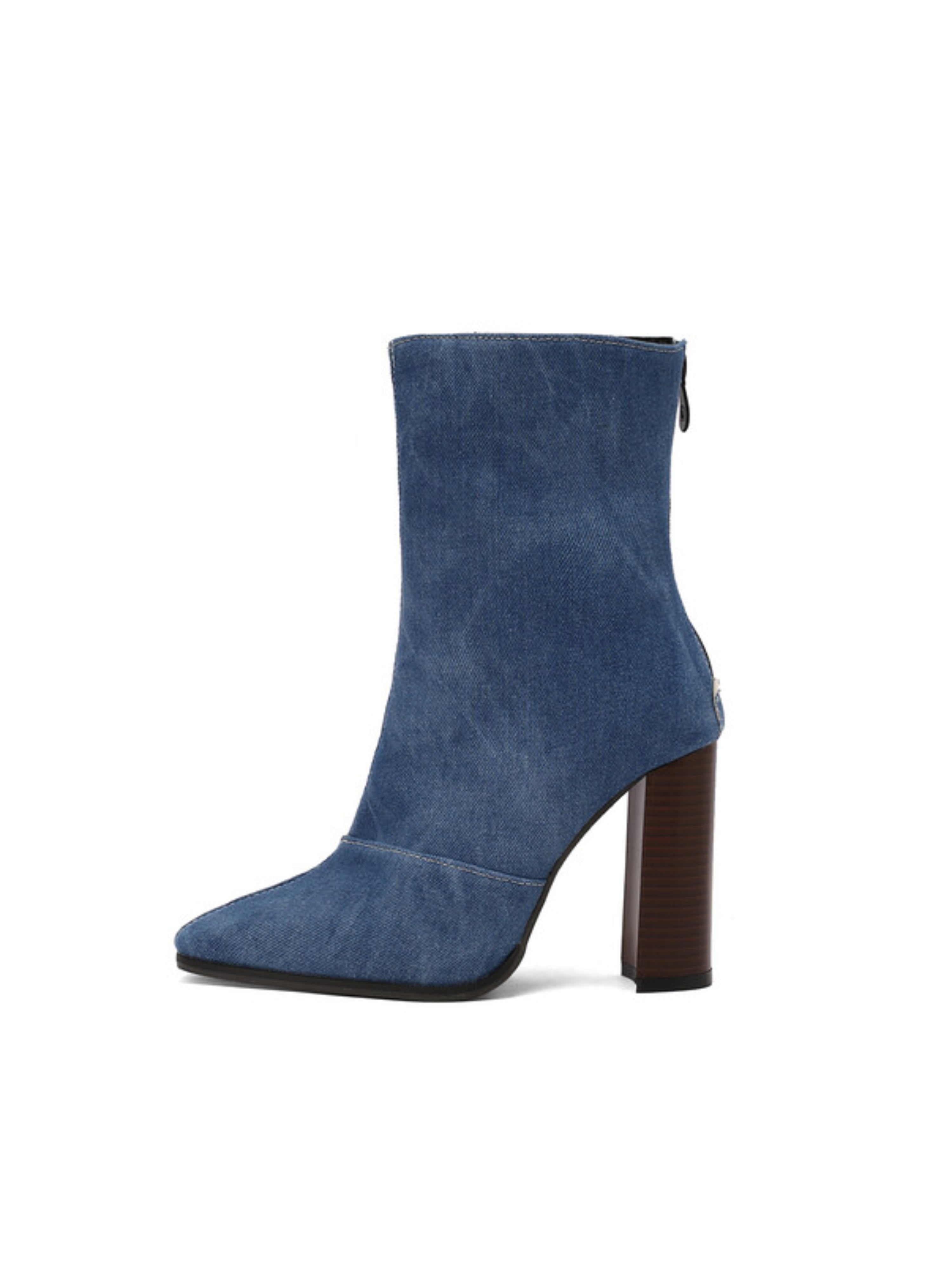 Denim Blue Chunky High Heeled Ankle Boots Women