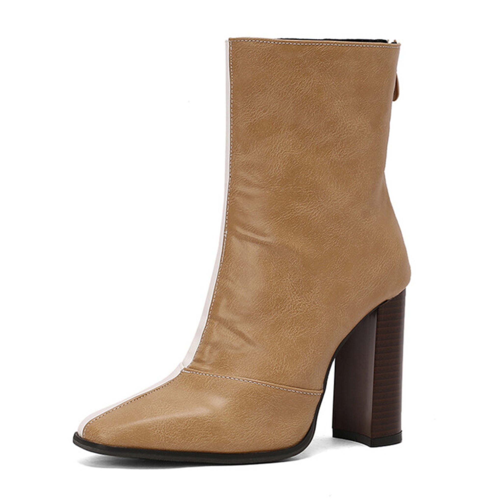 Brown and White Heeled Pointed Toe Women's Booties