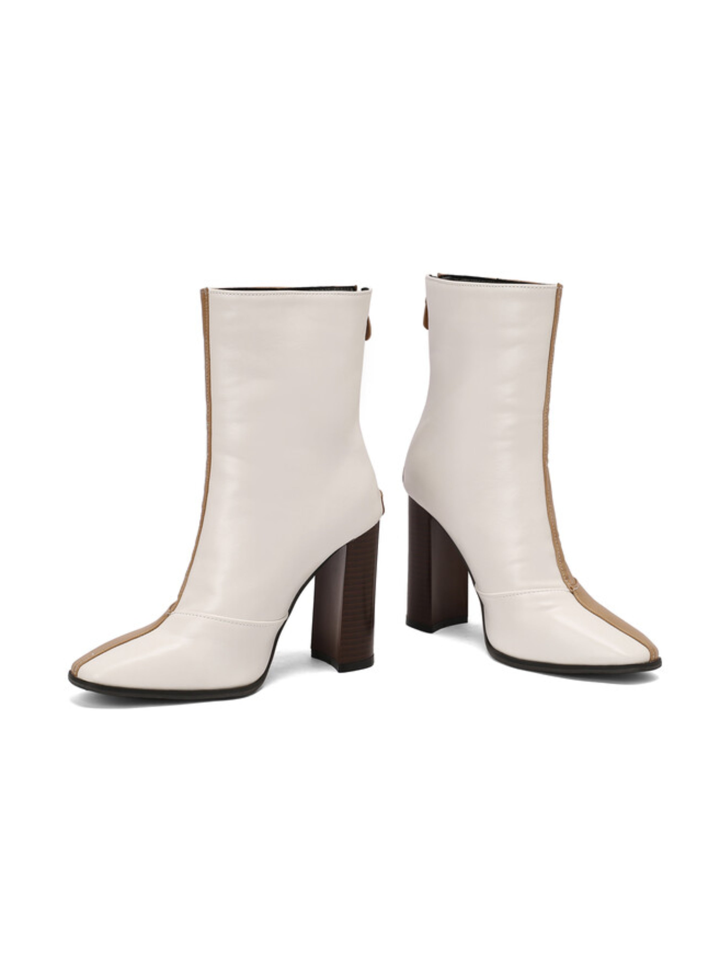 Brown and White Heeled Pointed Toe Women's Booties