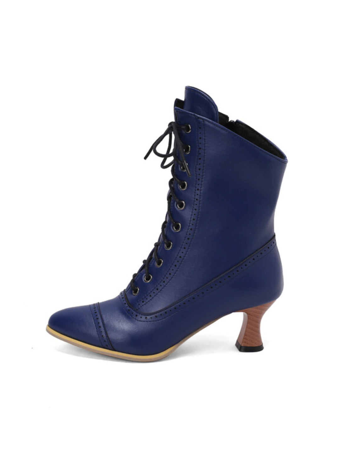 Vintage Blue Lace-Up Mid-Calf Boots with Flared Heels