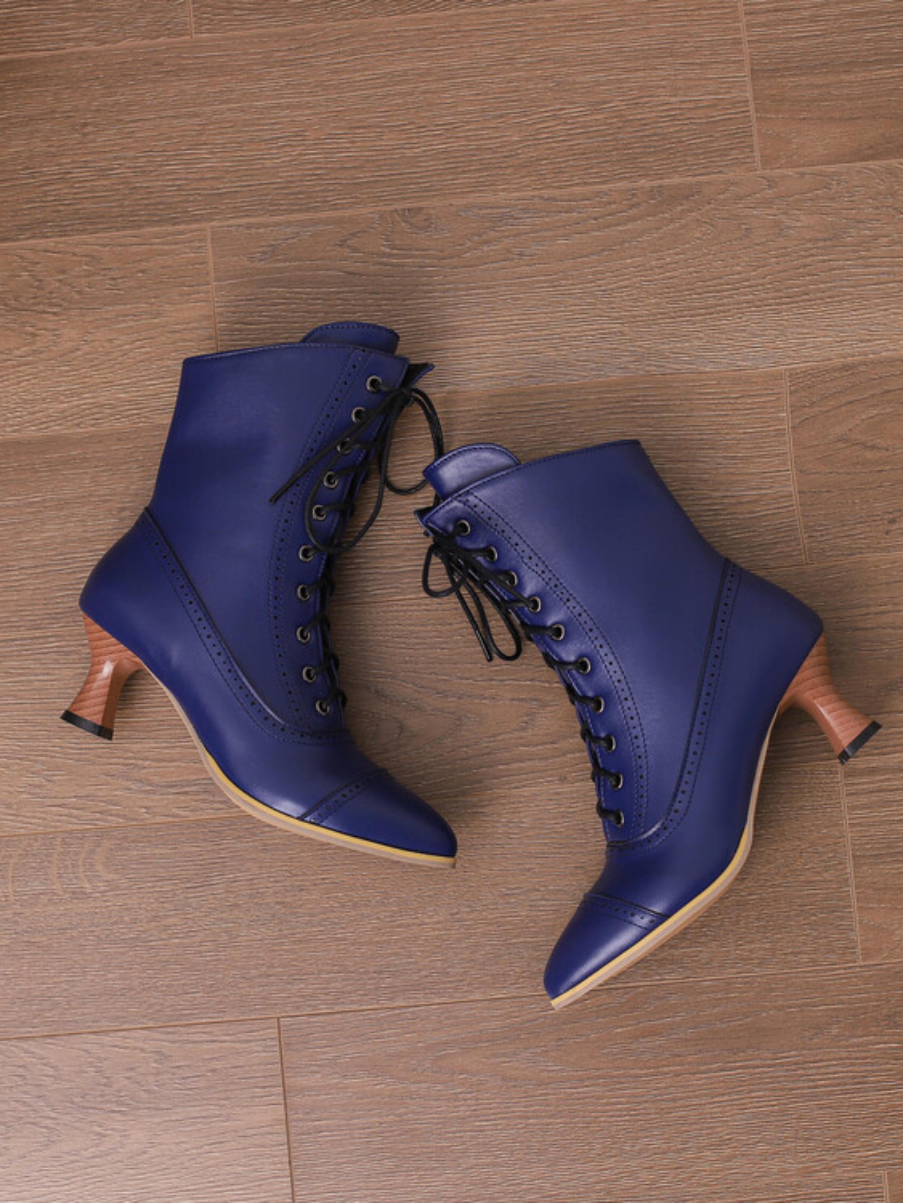 Vintage Blue Lace-Up Mid-Calf Boots with Flared Heels