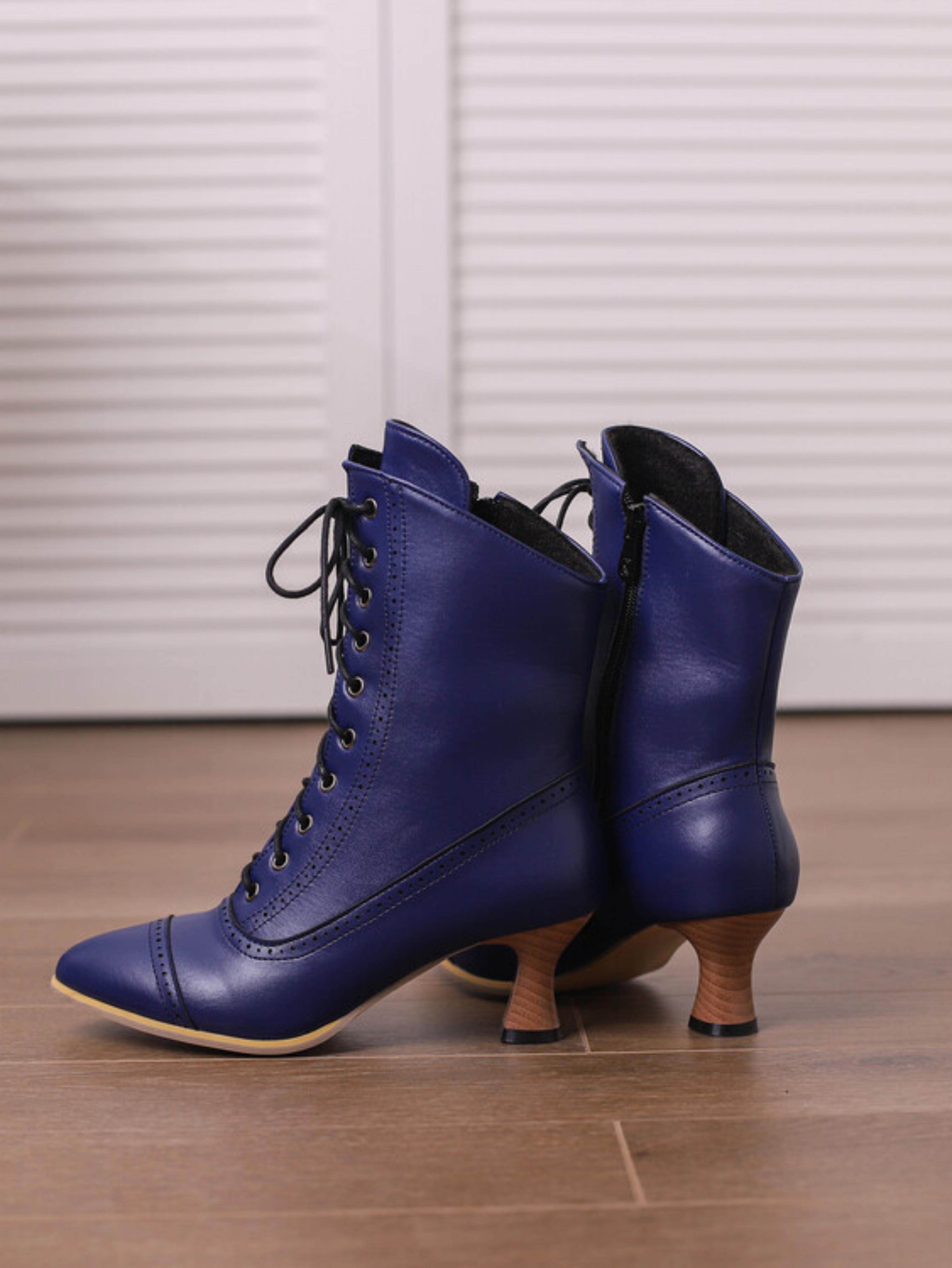 Vintage Blue Lace-Up Mid-Calf Boots with Flared Heels