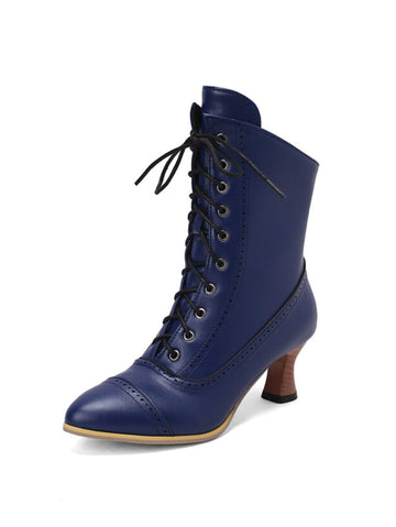 Vintage Blue Lace-Up Mid-Calf Boots with Flared Heels